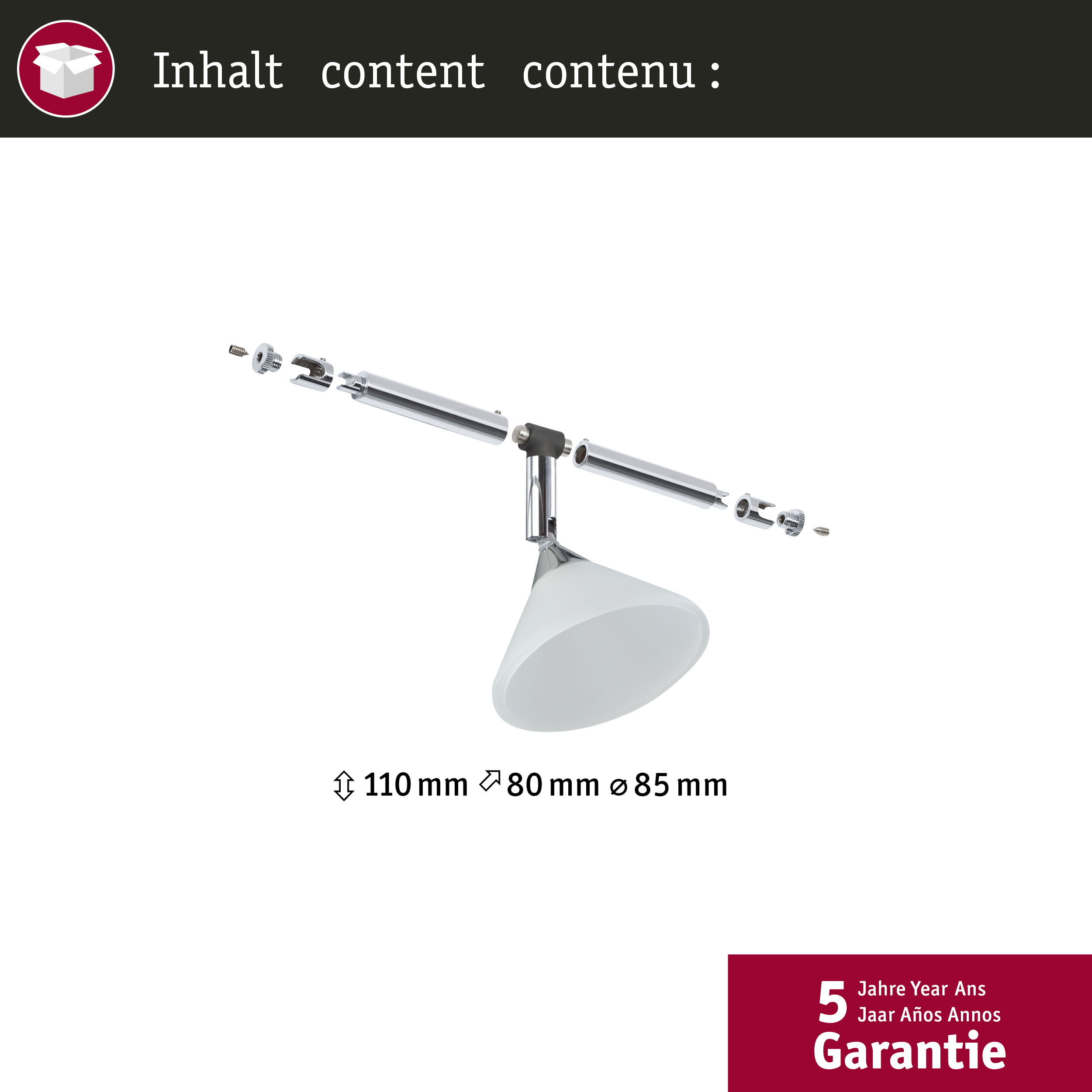 Una lampada cromata con paralume bianco. Ha dimensioni e un logo di garanzia nell'angolo.