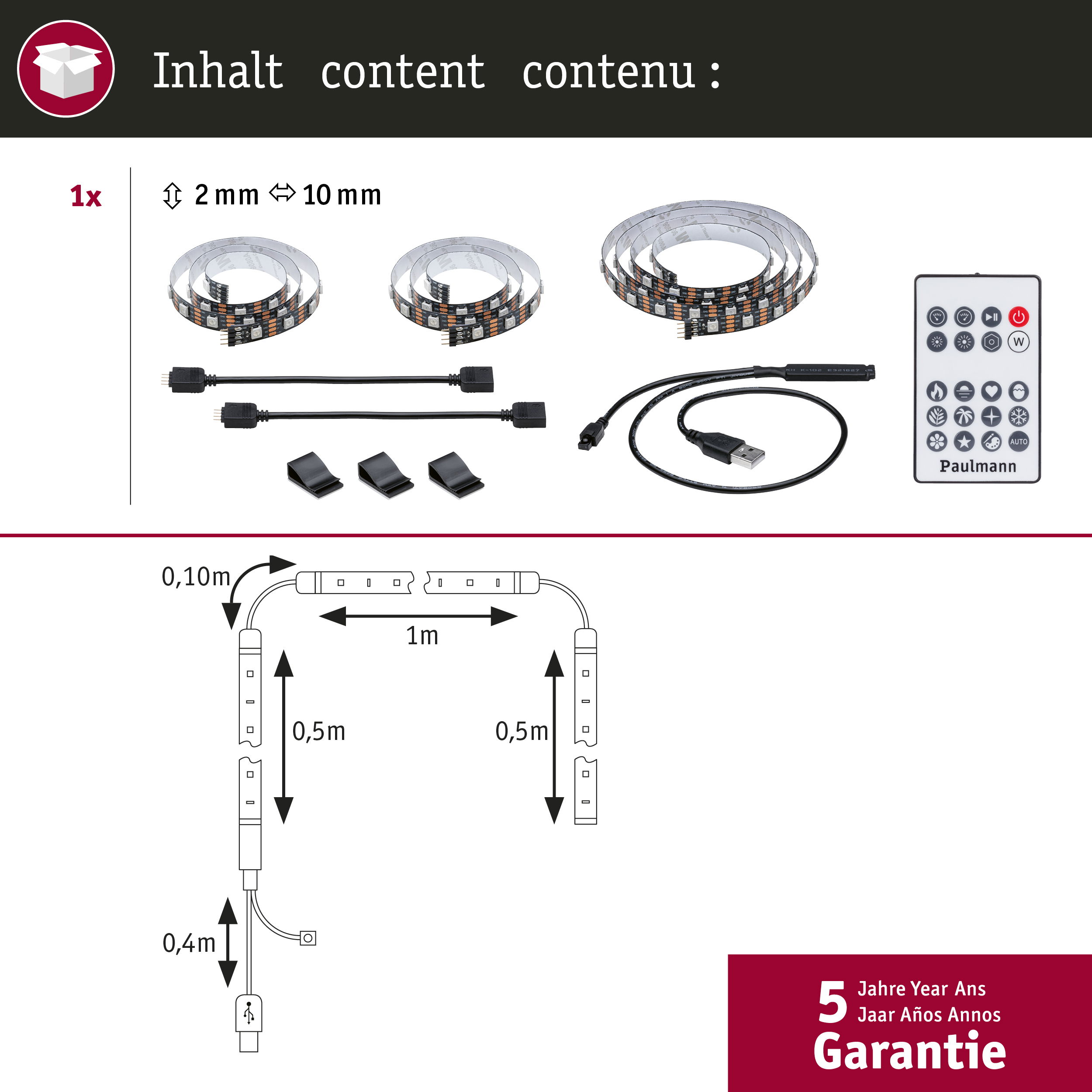 Diagramm von LED-Lichtstreifen mit Zubehör und Fernbedienung, mit Abmessungen und Garantieinfo.