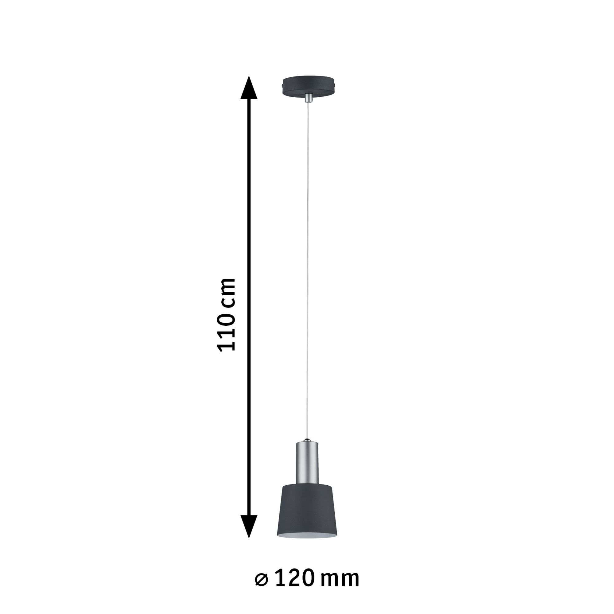Una lampada a sospensione nera con dimensioni in cm e mm su sfondo bianco.