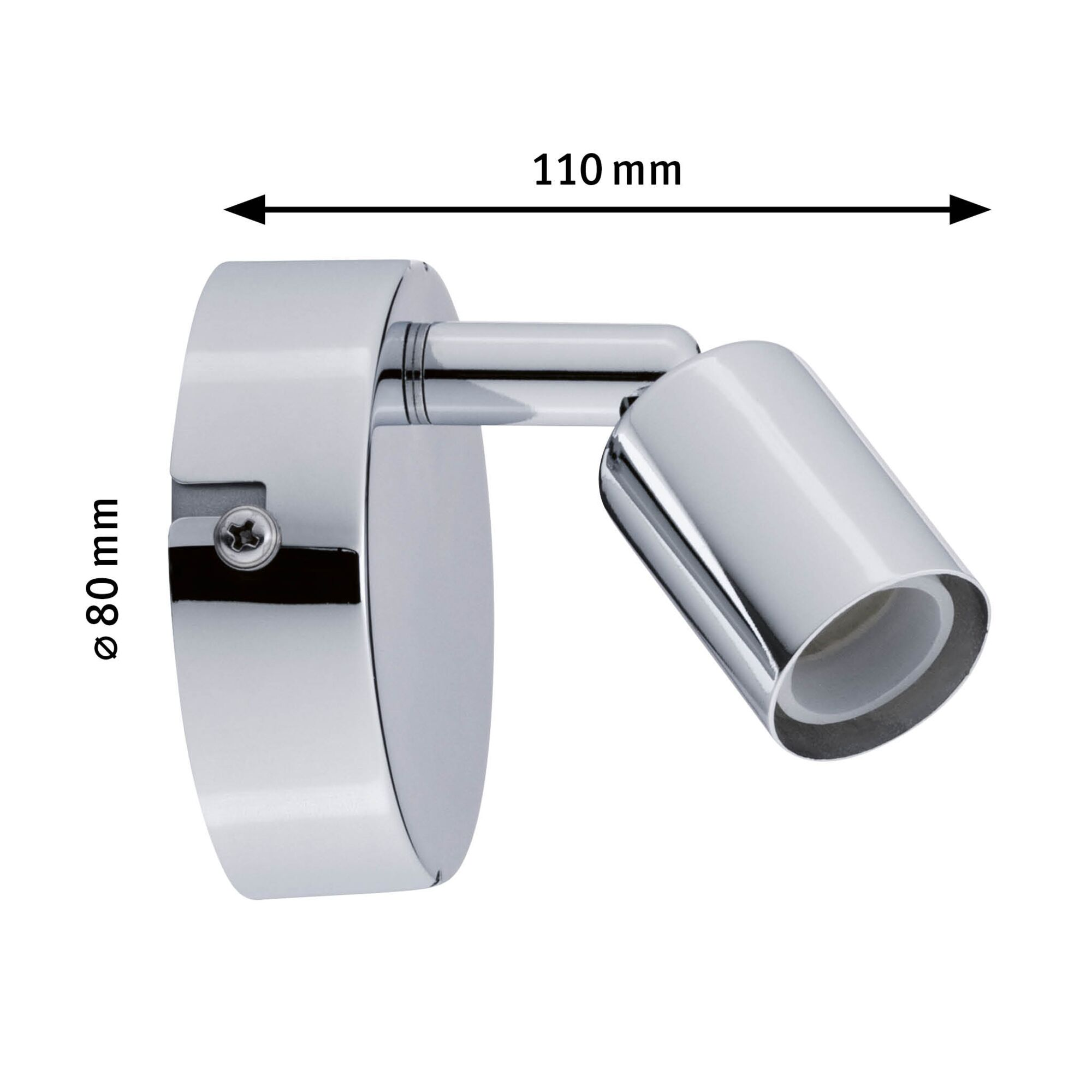 Chromowany reflektor ścienny z wymiarami, pokazujący długość 110 mm i średnicę 80 mm.
