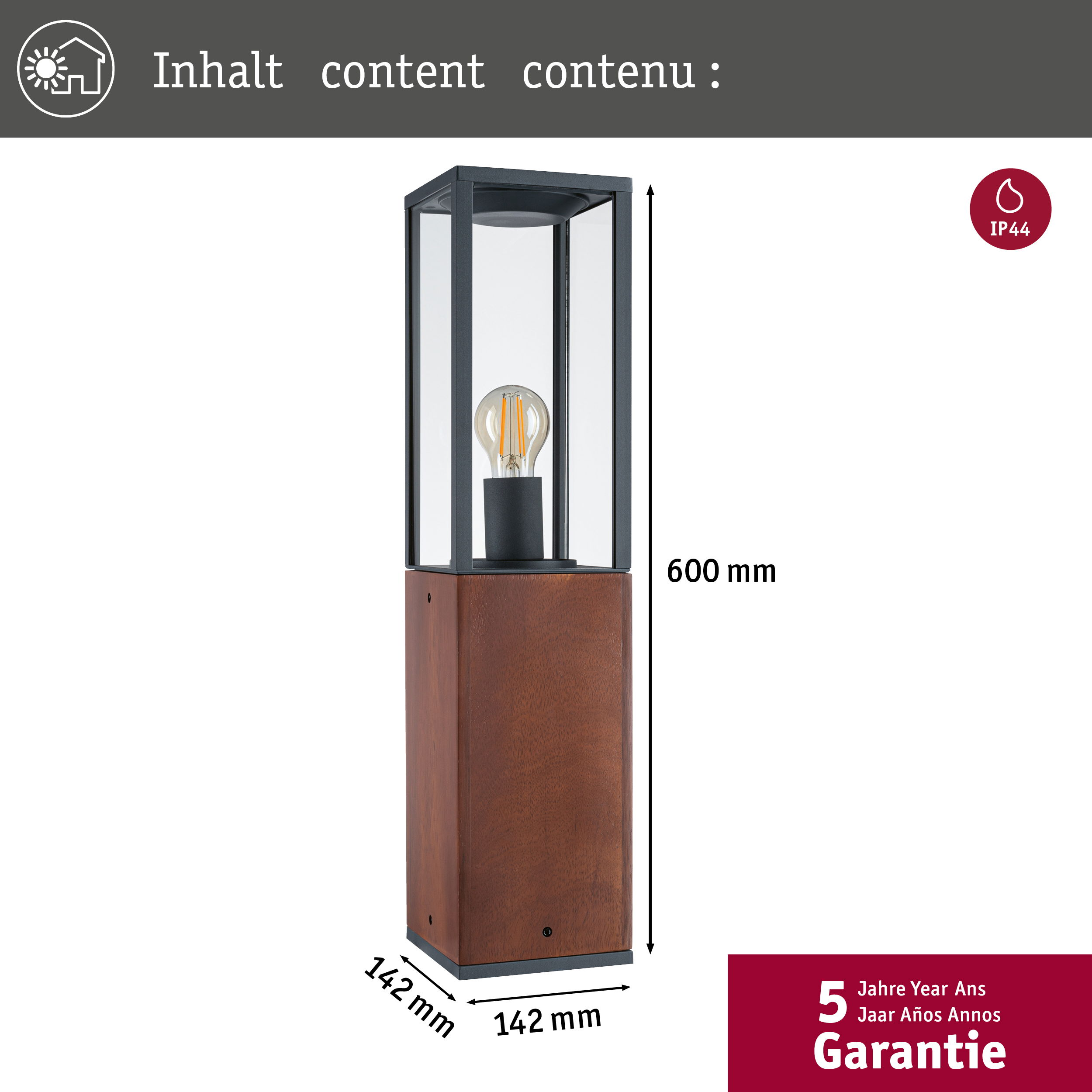 Czarna i brązowa lampa zewnętrzna z wymiarami w mm na białym tle, ze znakiem IP44.