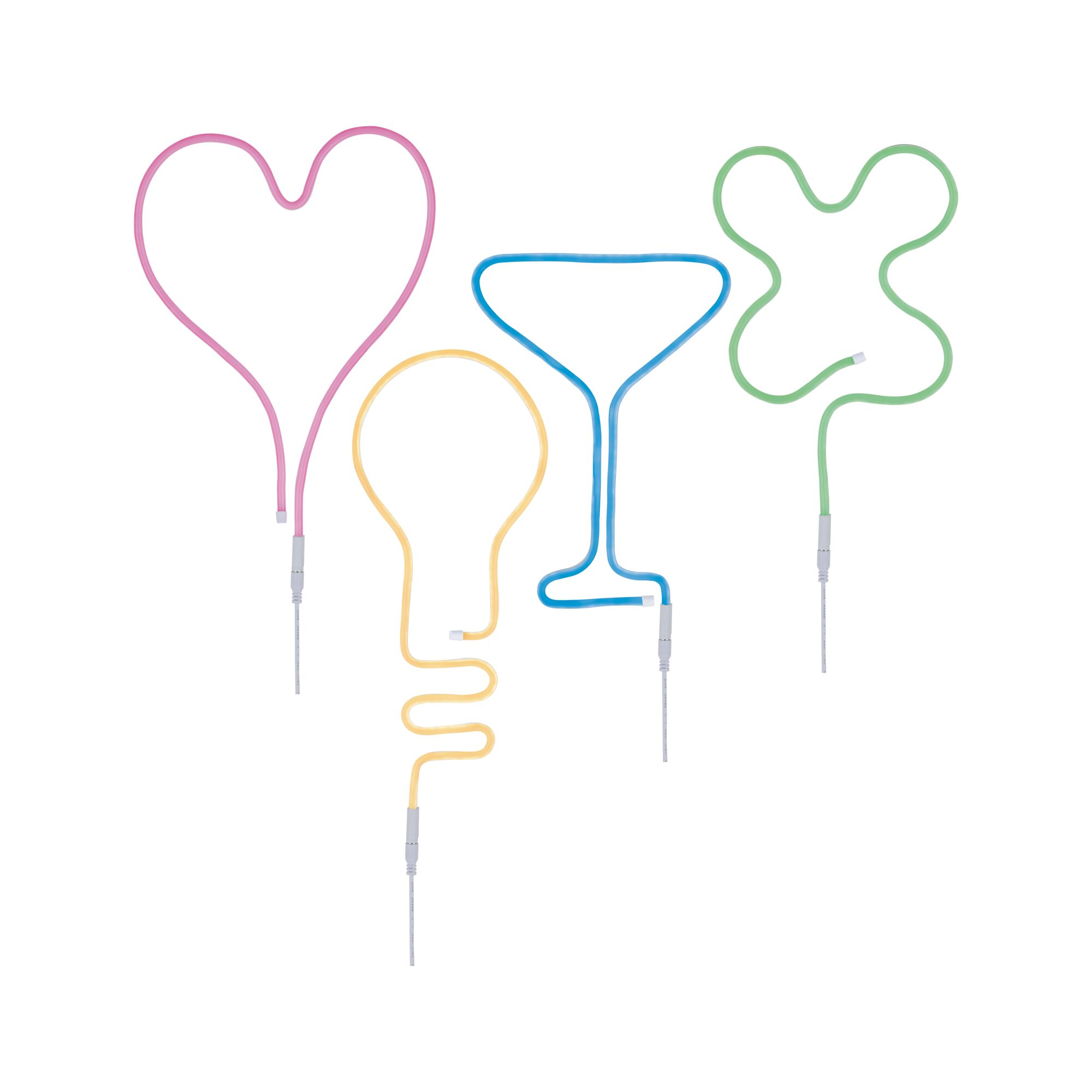 Cztery kształty neonowe: serce, żarówka, kieliszek do koktajli i kwiat, na białym tle.