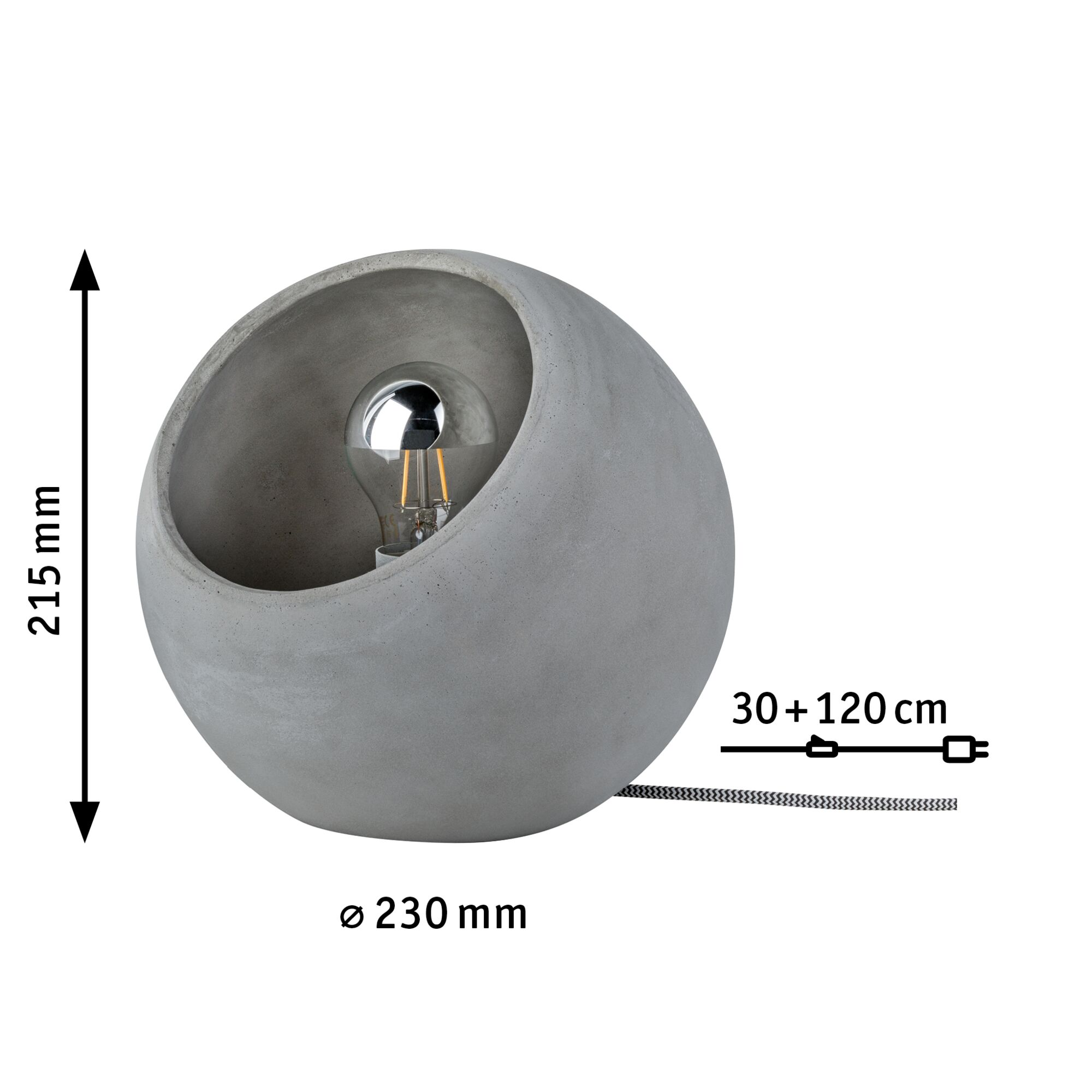 Eine kugelförmige Lampe aus Beton mit einer Glühbirne im Inneren. Abmessungen sind markiert.