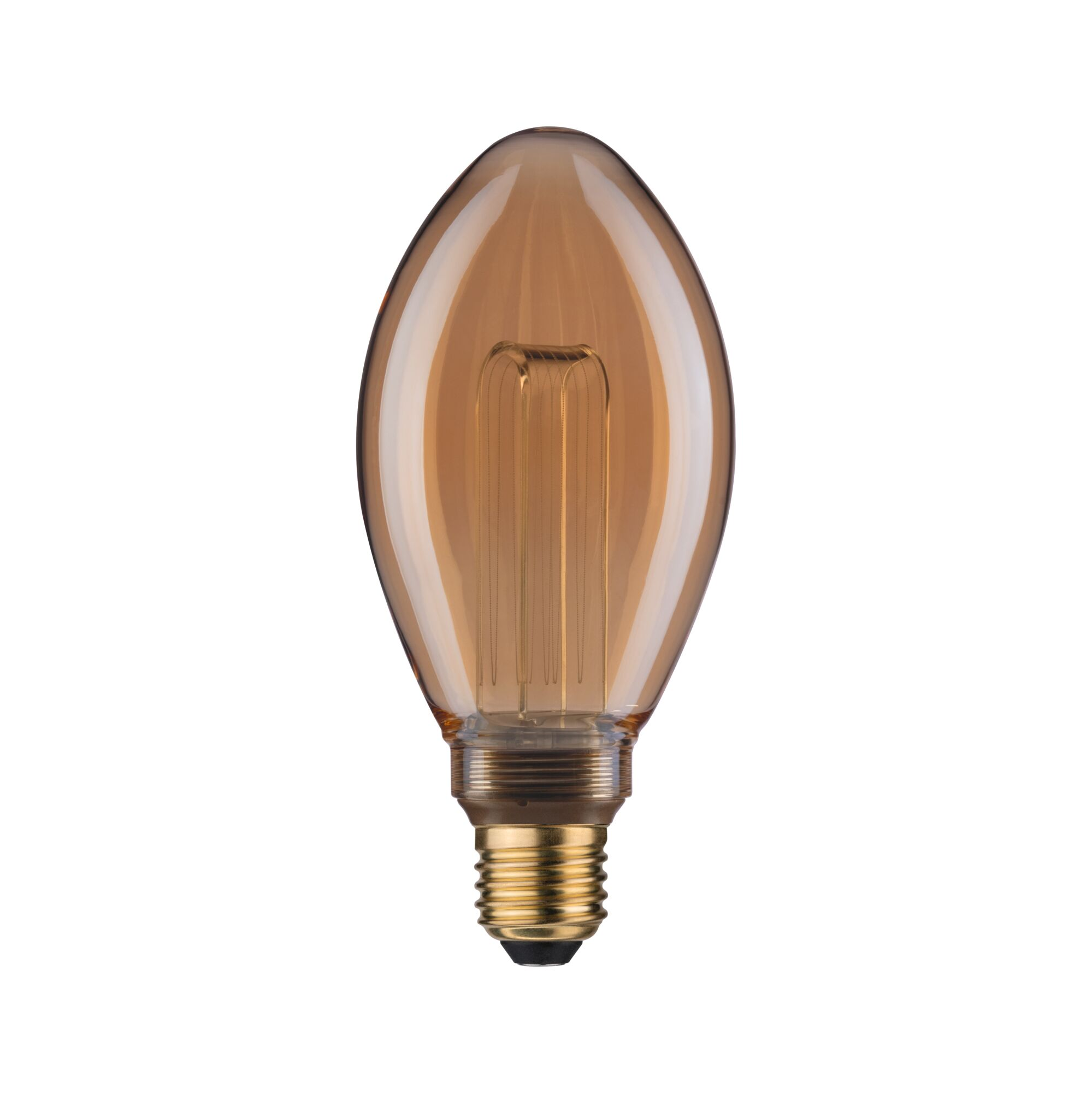 Eine braun getönte Glühbirne, tropfenförmig, mit goldenem Sockel.