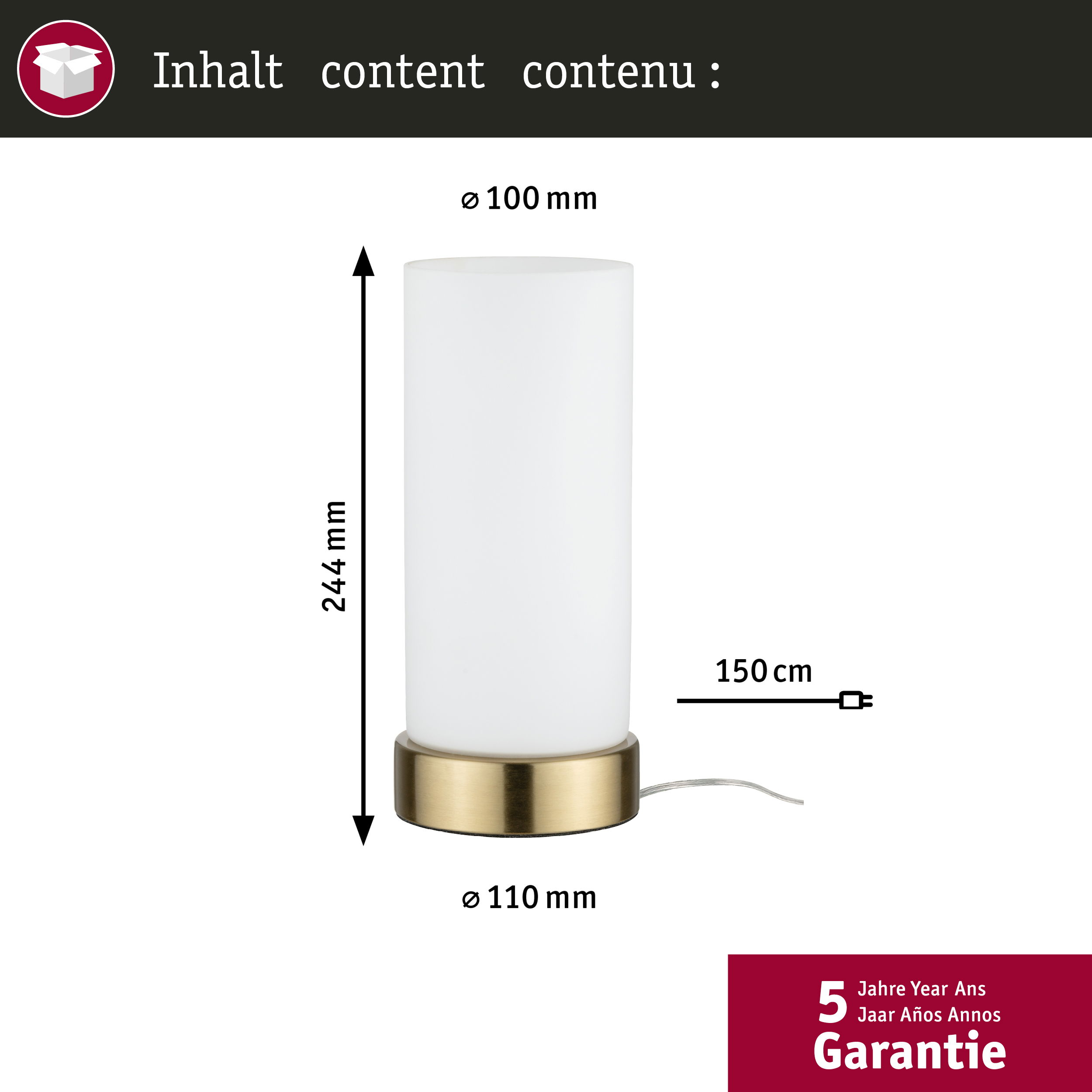 Biała cylindryczna lampa stołowa ze złotą podstawą, wymiary i logo gwarancji.