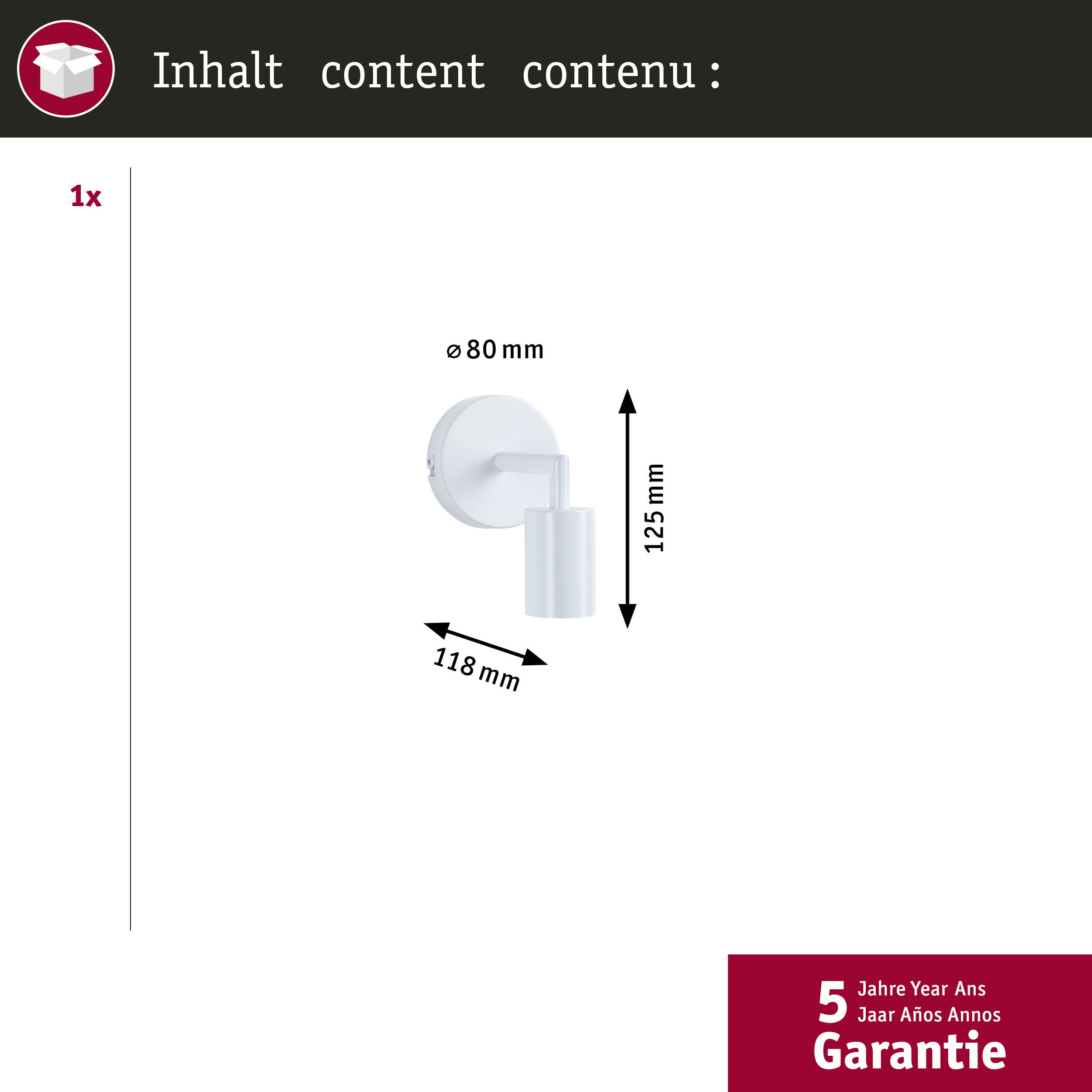 Biały reflektor naścienny z wymiarami i logo gwarancji.