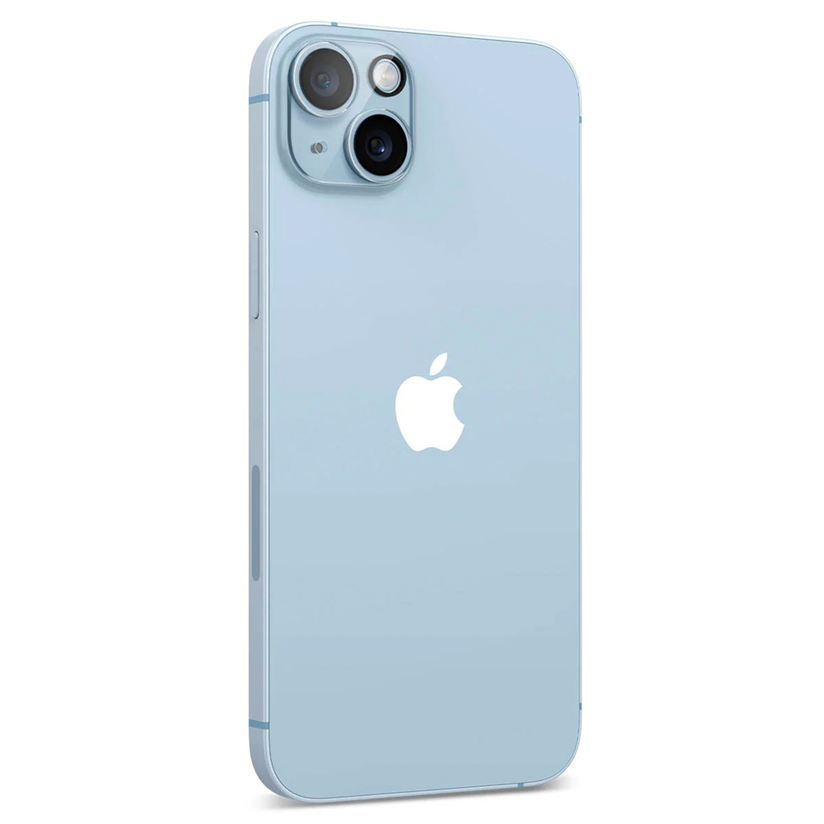 A light blue iPhone 14 is shown from the back. The Apple logo and camera are visible. The background is white.