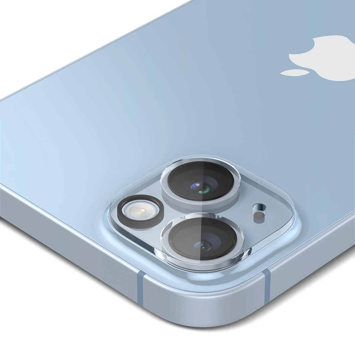 Close-up of a light blue iPhone 14. The camera lenses are visible and are surrounded by a transparent protective case.