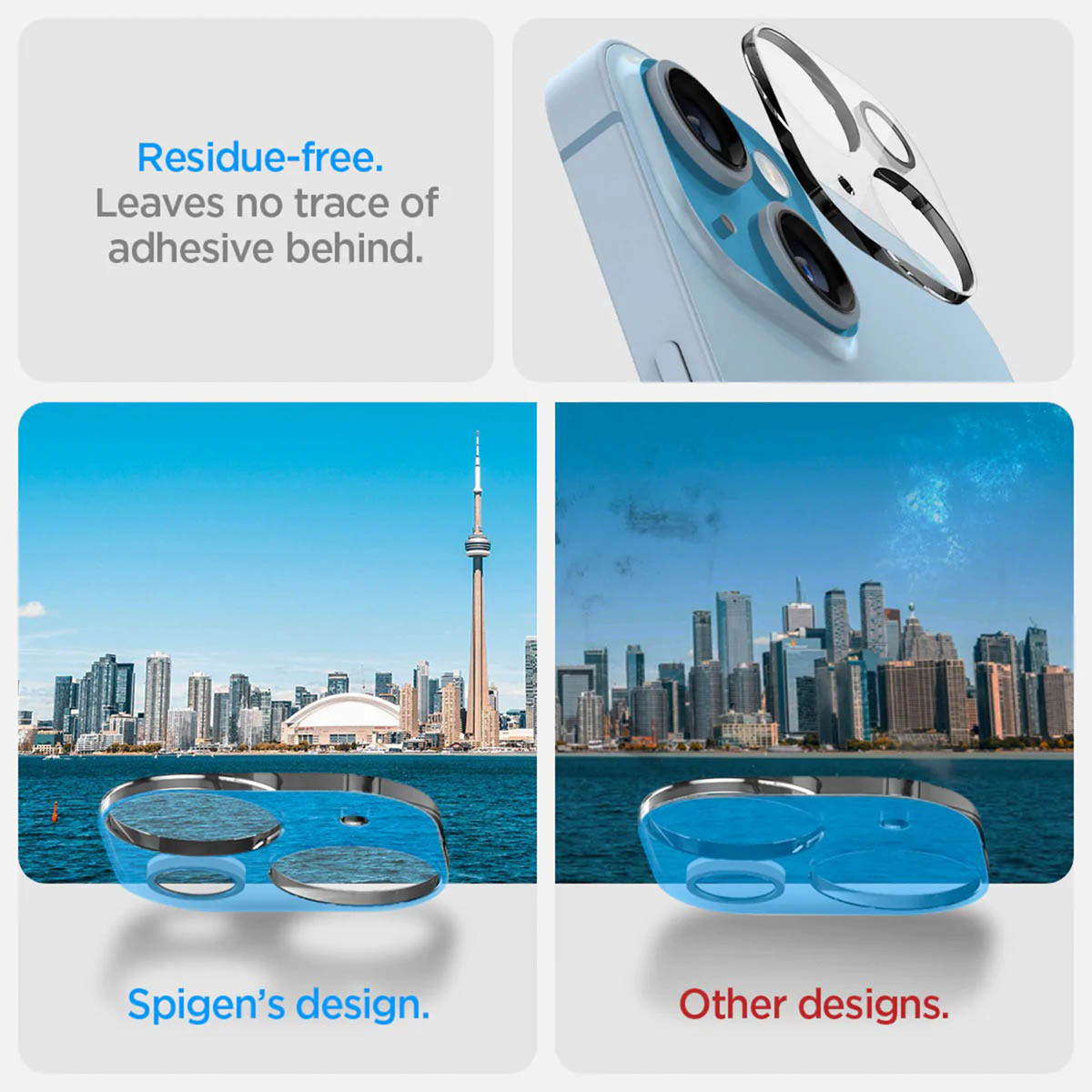 Image comparing Spigen's lens protector design and other designs.