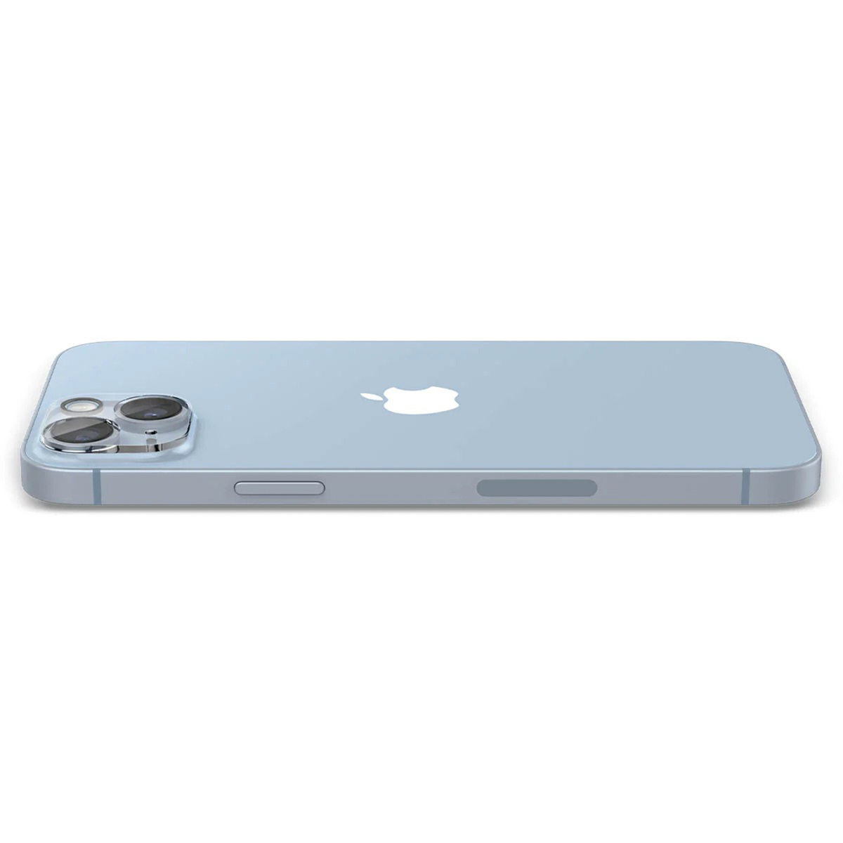 Light blue phone, side view. Apple logo on the back.