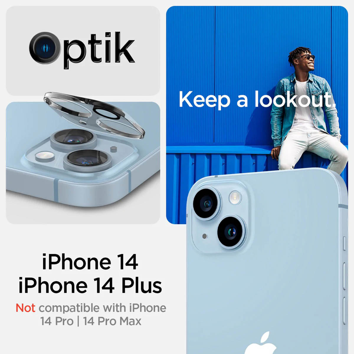 A promotional image for the iPhone 14 and iPhone 14 Plus, featuring text, a phone, and a man in front of a blue wall.