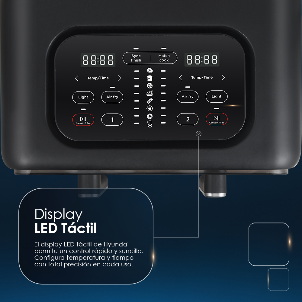Panel de control de la freidora de aire, con pantalla digital y botones.