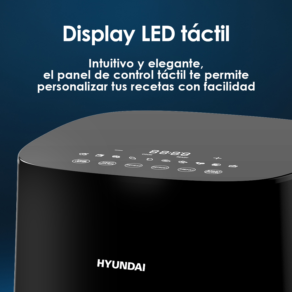 Pantalla táctil de freidora de aire negra. Texto: Display LED táctil. Fondo degradado azul.