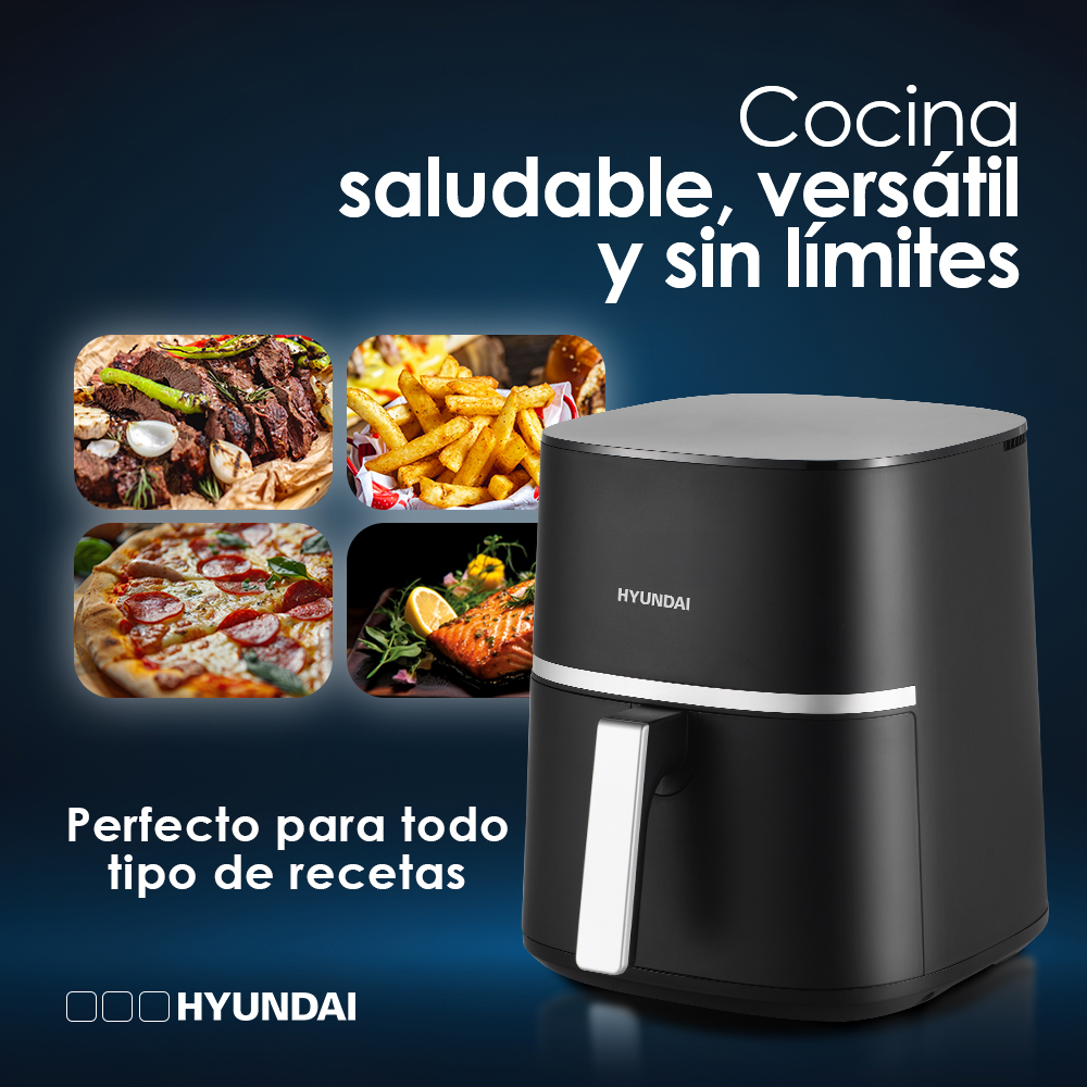 Freidora de aire negra con imágenes de alimentos, incluyendo bistec, papas fritas, pizza y salmón, sobre un fondo azul.