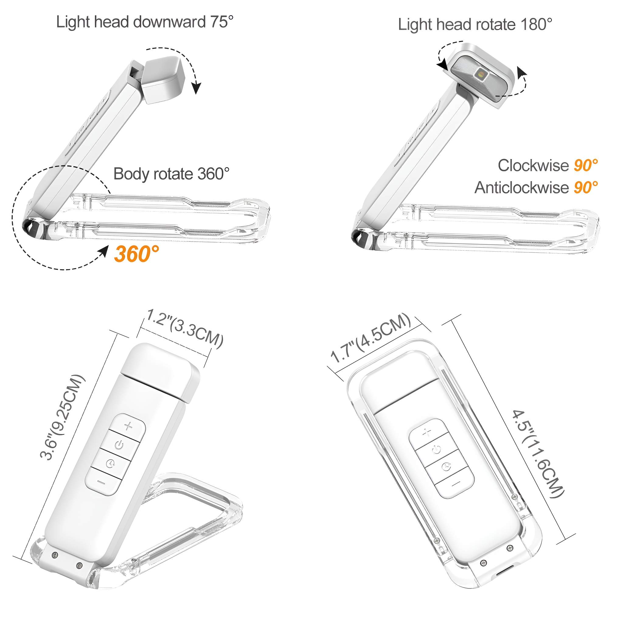 Eine weiße LED-Leselampe mit verschiedenen Winkeln. Das Bild zeigt Abmessungen und die Rotationsfähigkeiten der Lampe.