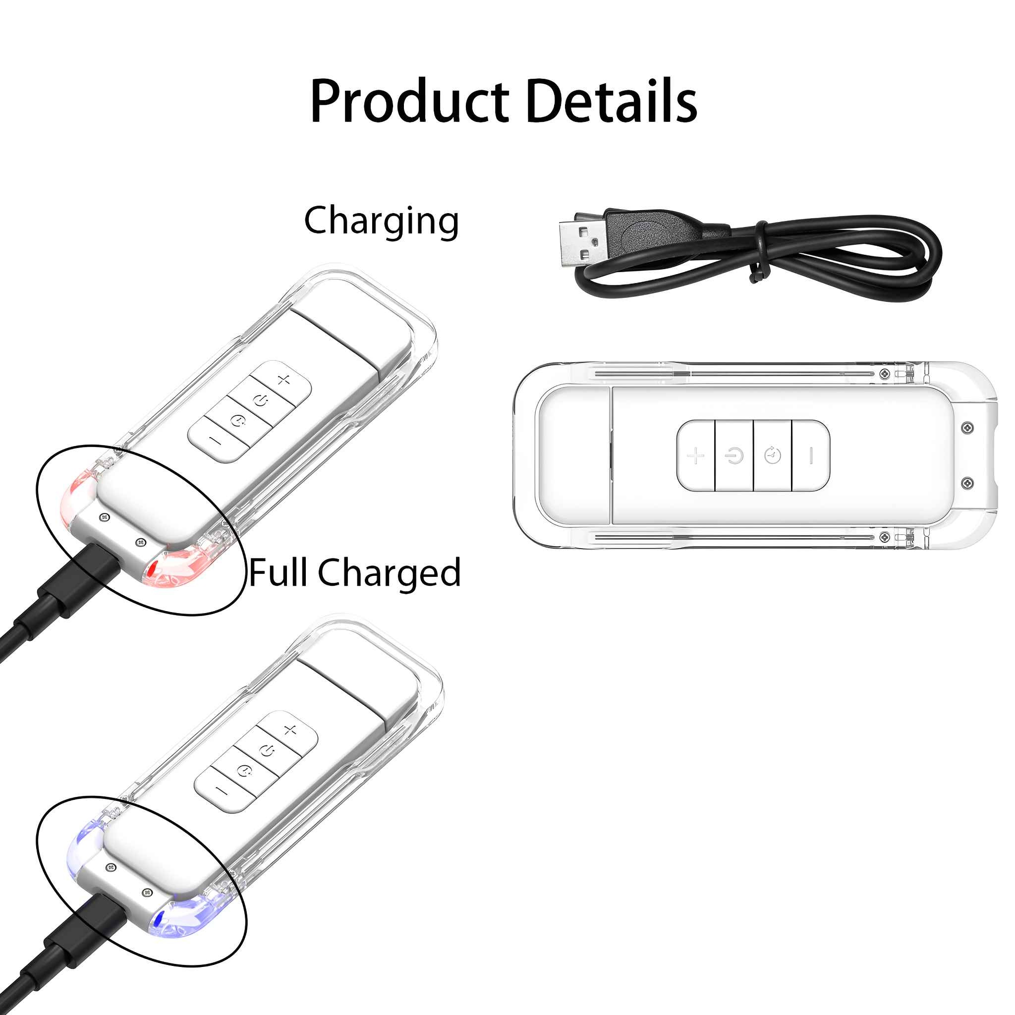 Weißes Gerät, das den Lade- und Vollgeladen-Status mit angeschlossenem USB-Kabel anzeigt.