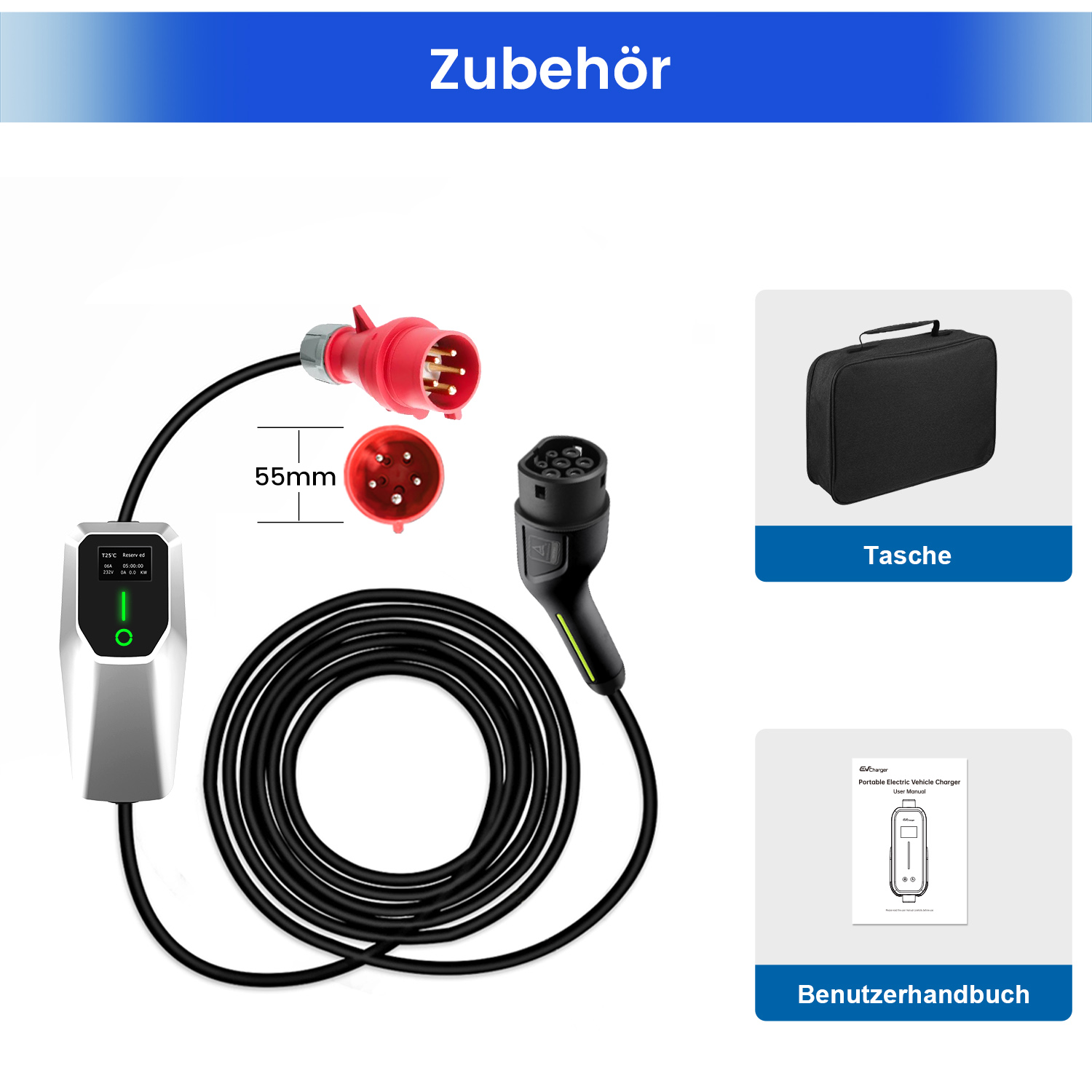 Eine Sammlung von EV-Ladezubehör: ein Ladekabel, ein Ladegerät und eine Tragetasche mit einer Bedienungsanleitung.