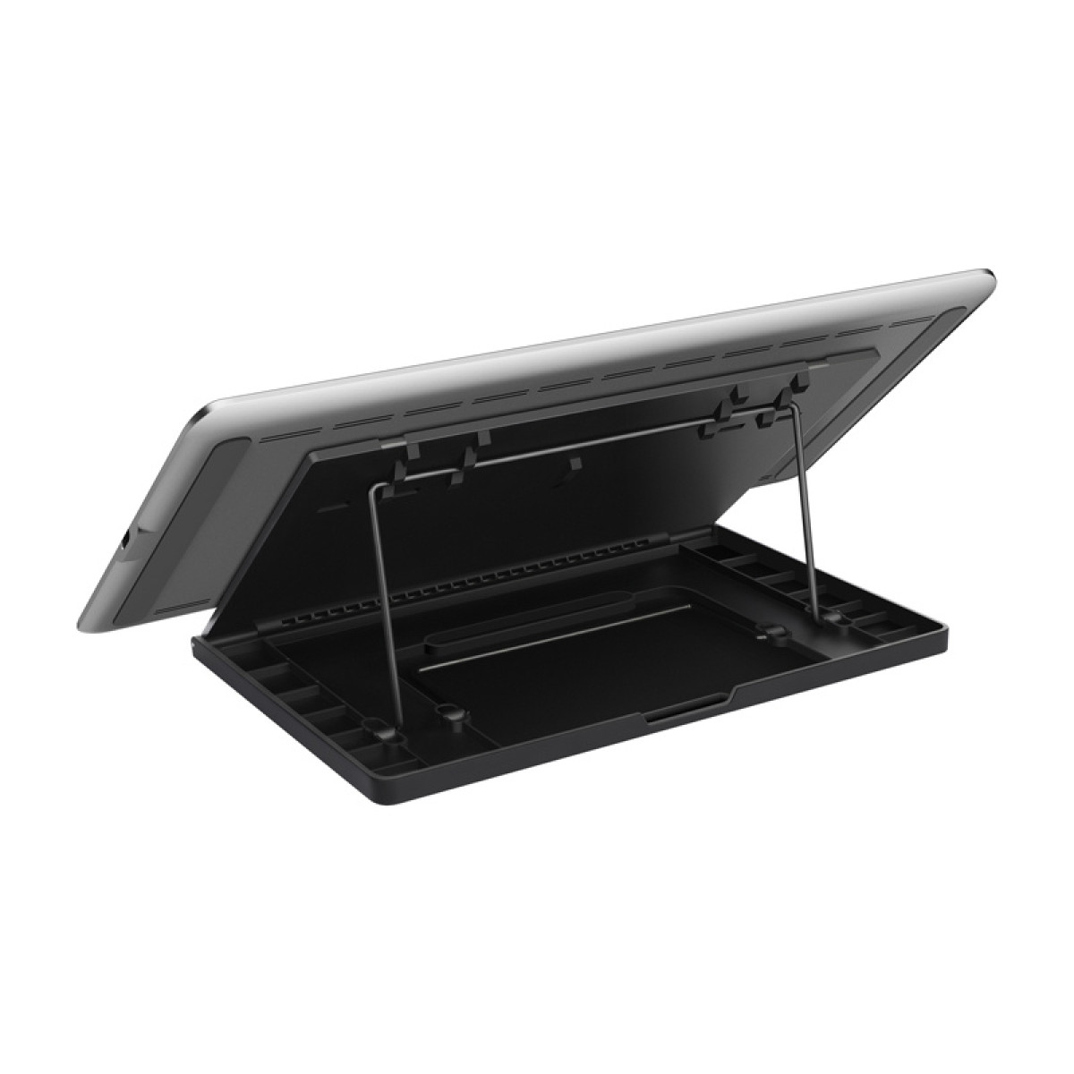 Czarny tablet na stojaku, otwarty pod kątem. Tło jest białe.