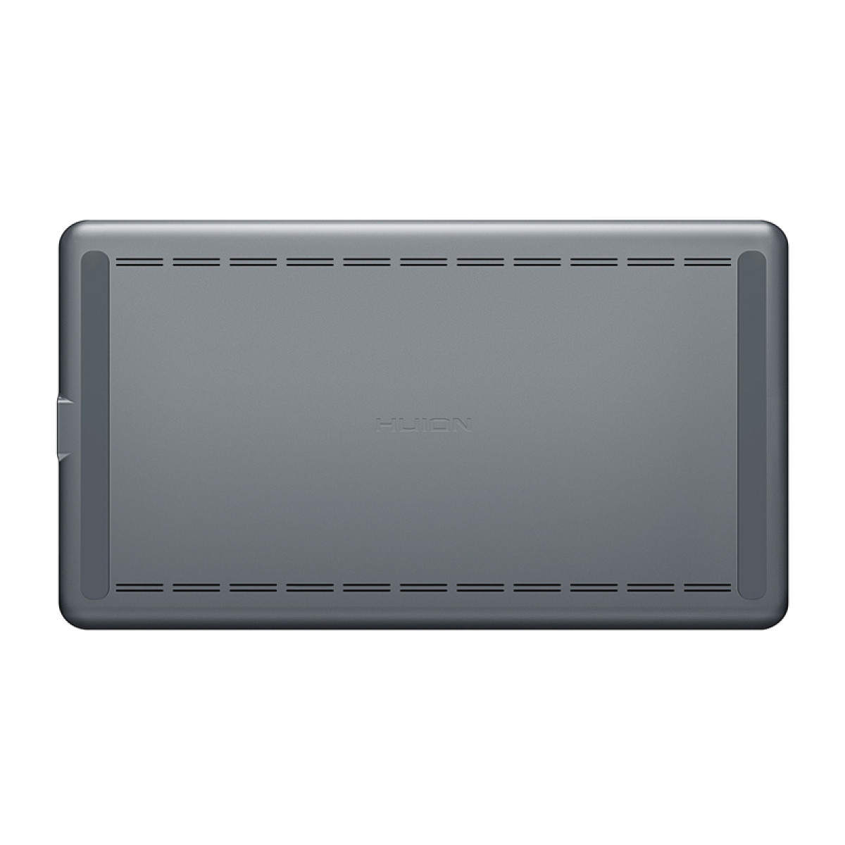 Tył szarego tabletu ze słowem 'Huion'. Tablet ma linie wentylacyjne.