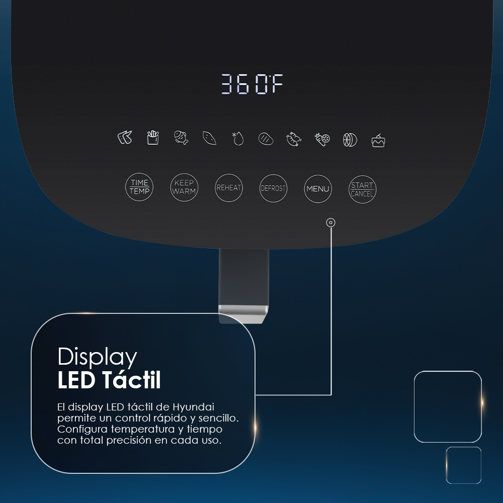 Primer plano del panel de control de una freidora de aire. Tiene una pantalla digital y botones táctiles.