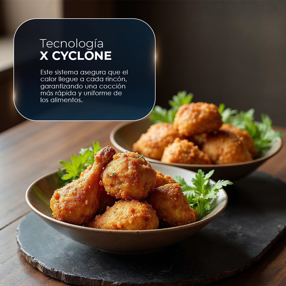 Cuencos de muslos y bolas de pollo frito con perejil. La superposición de texto menciona la tecnología X Cyclone.