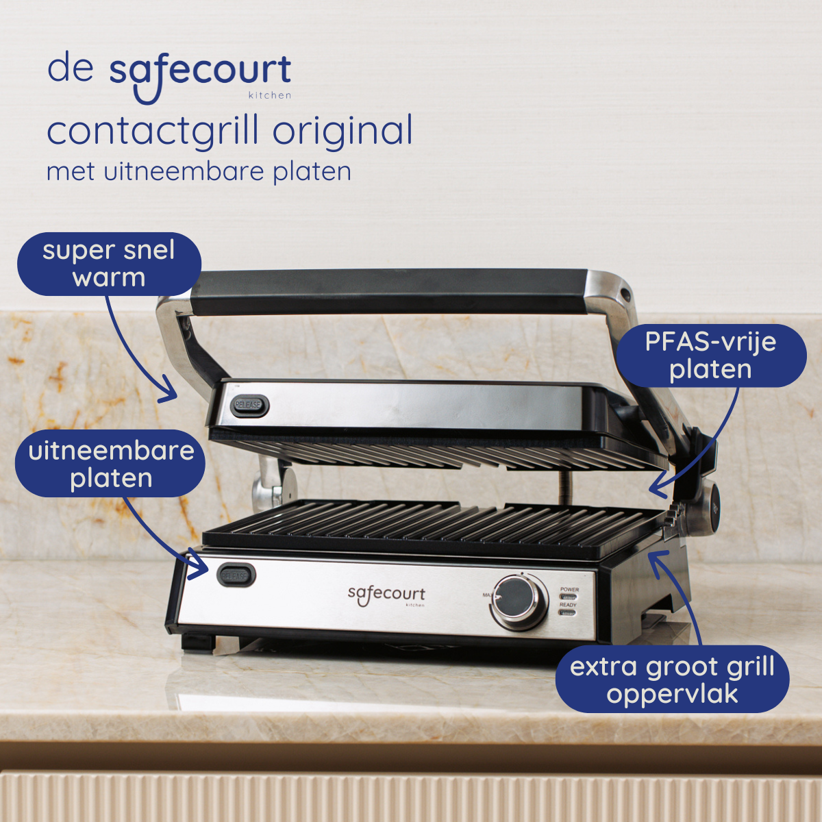 A grill is shown with labels: super fast warm, removable plates, and extra large grill surface. It has a power dial.