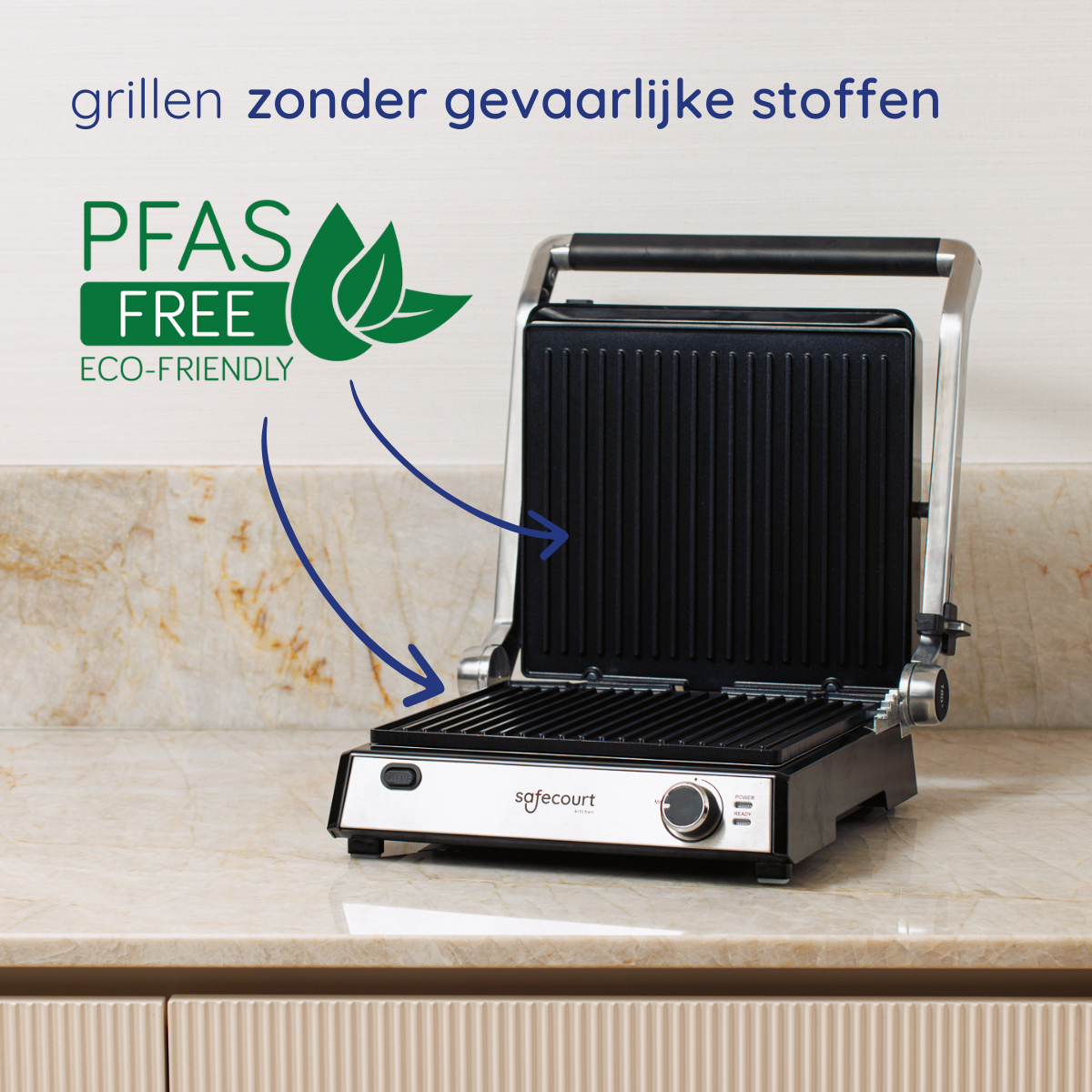 A grill is open. Text says PFAS FREE ECO-FRIENDLY with arrows pointing to the grill. It sits on a countertop.