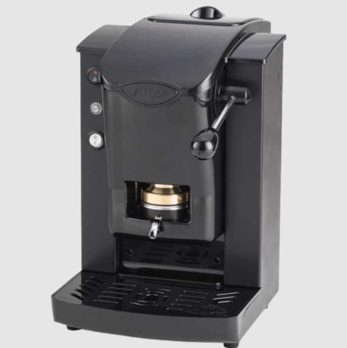 Czarny ekspres do espresso z uchwytem, przyciskami i wylewką. Ma czarną podstawę i złoty obszar.