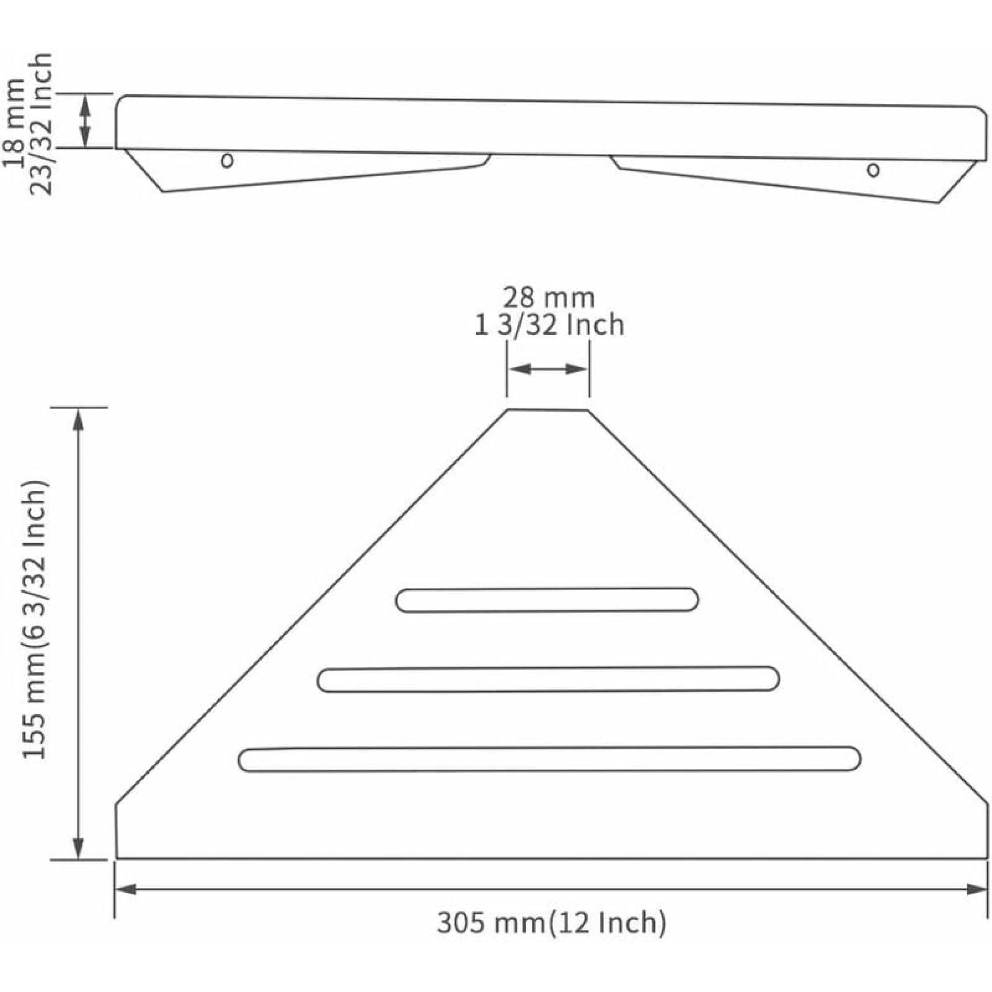 Technische Zeichnung eines dreieckigen Eckregals mit Abmessungen in Millimetern und Zoll.