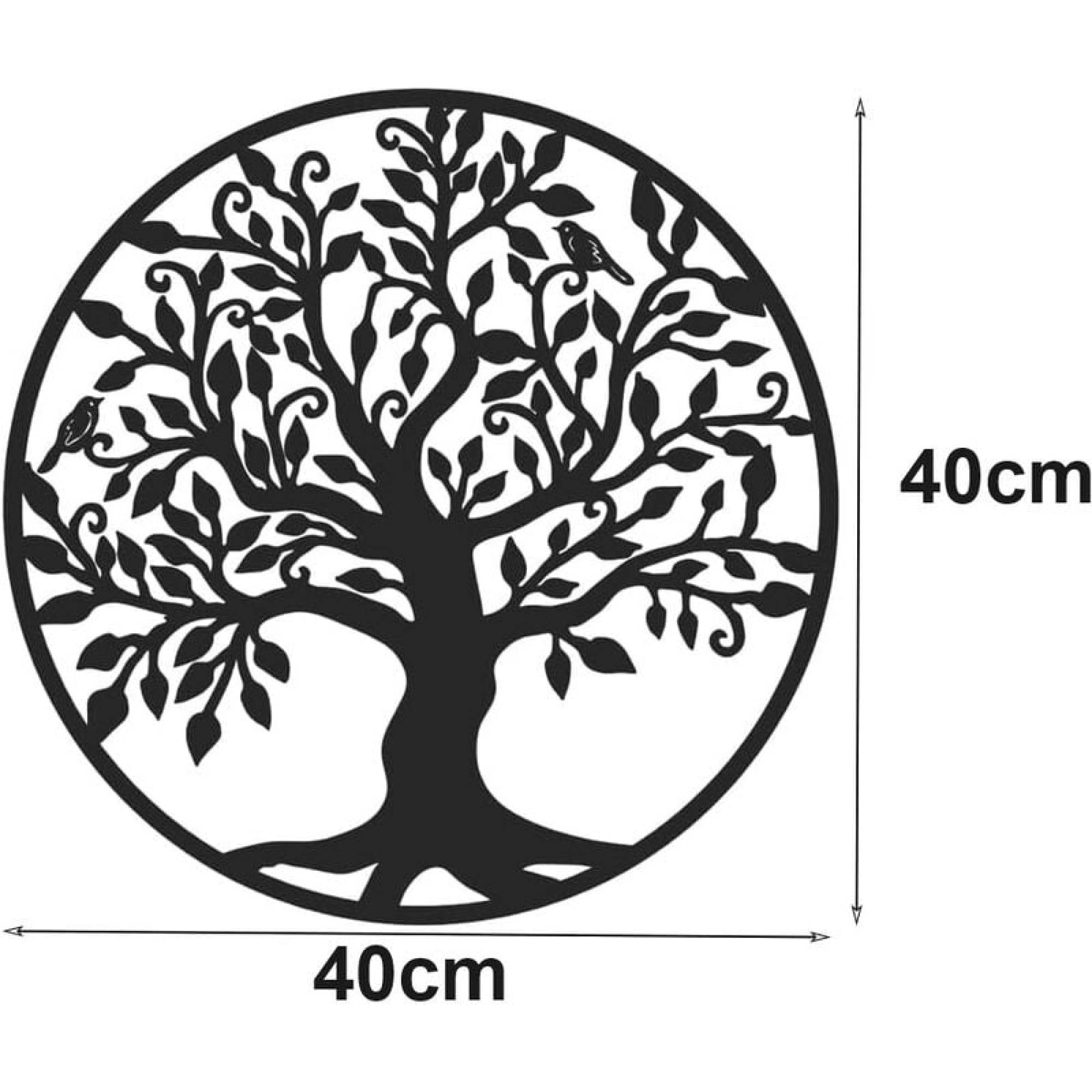 Eine Wandkunst aus schwarzem Metall mit einem Baum des Lebens. Es hat Blätter und Vögel. Die Abmessungen sind 40 cm x 40 cm.
