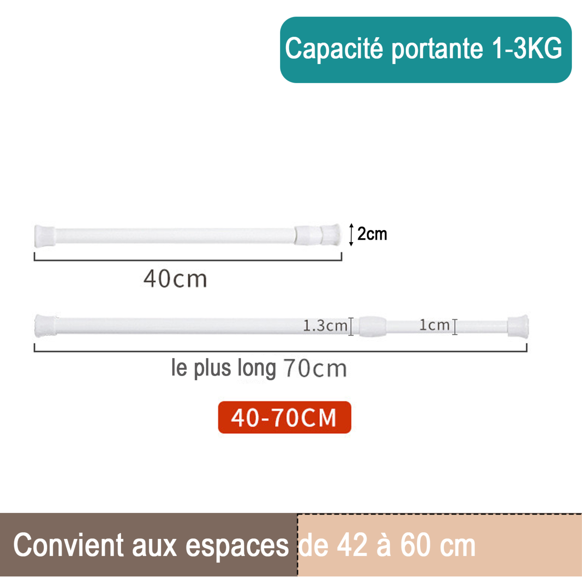 Diagramm mit zwei Stangen und Abmessungen. Der Text gibt an, dass es für Räume von 42 bis 60 cm geeignet ist.