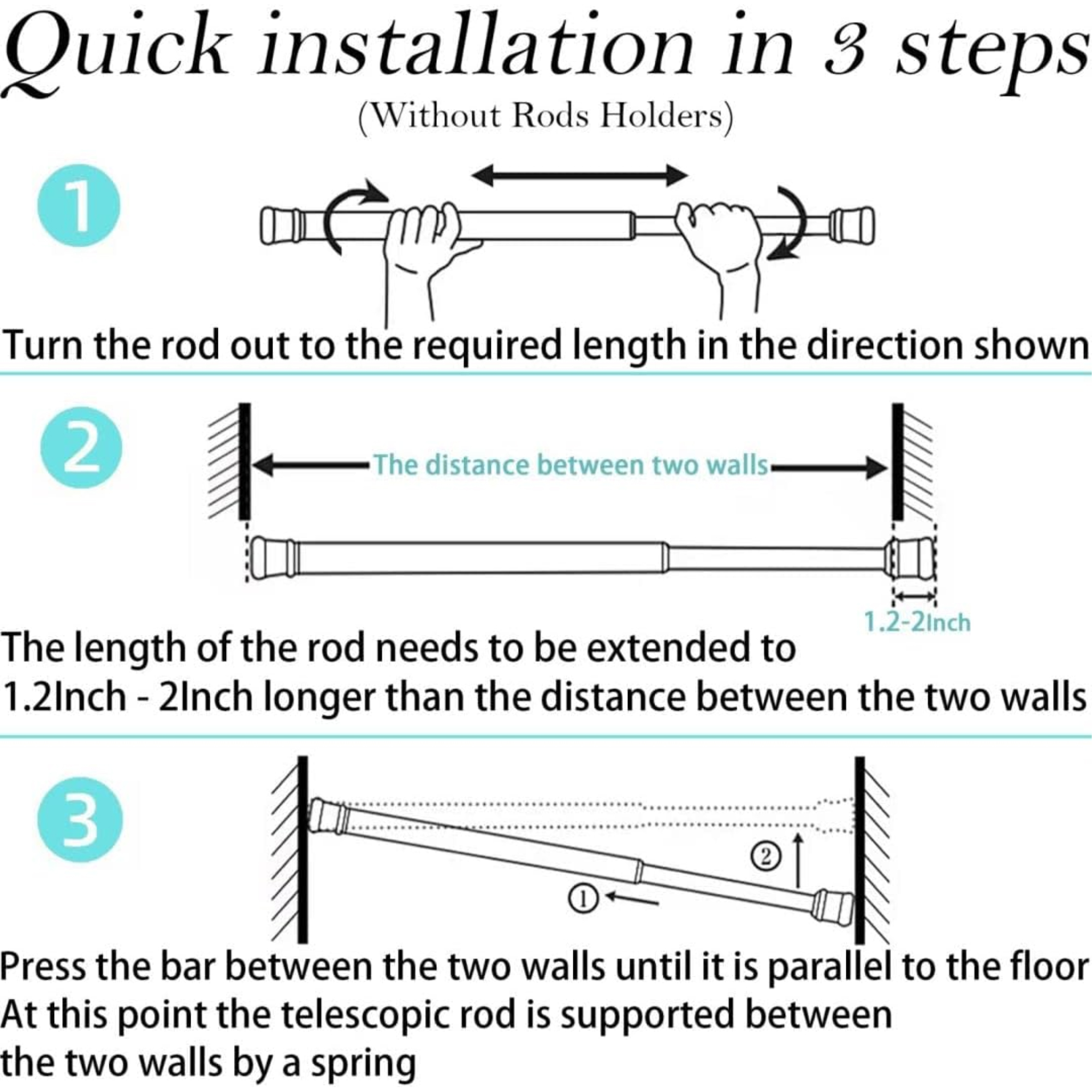 Diagramm zur Installation einer Spannstange, mit drei nummerierten Schritten und Illustrationen.