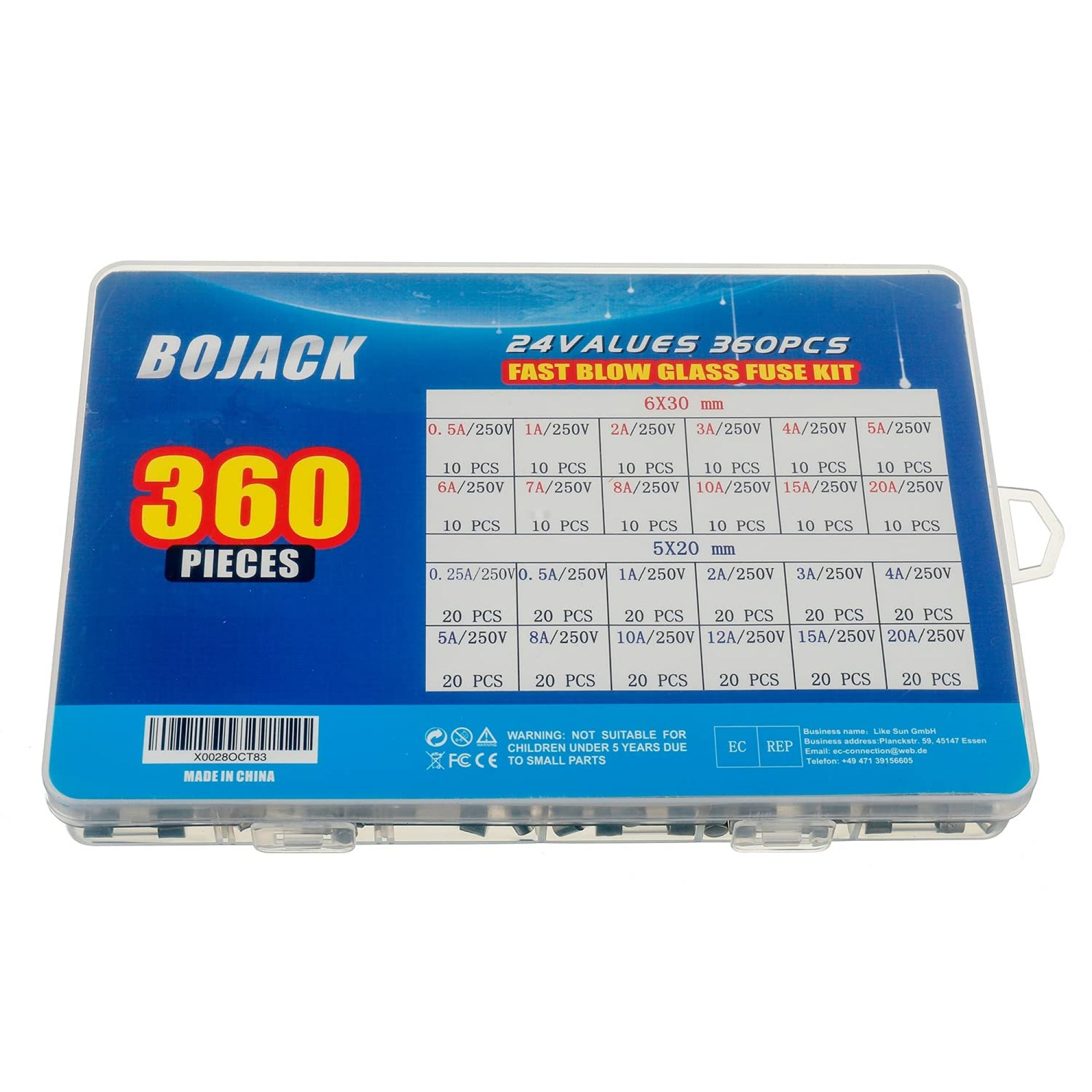 Eine Schachtel mit Glassicherungen mit schneller Auslösung wird gezeigt. Auf dem Etikett steht 'BOJACK 360 PCS Fast Blow Glass Fuse Kit'.