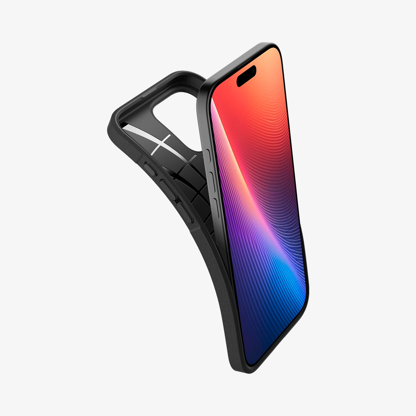 Telefon znajduje się w czarnym etui. Telefon ma żywy wyświetlacz z kolorami niebieskim, czerwonym i fioletowym.