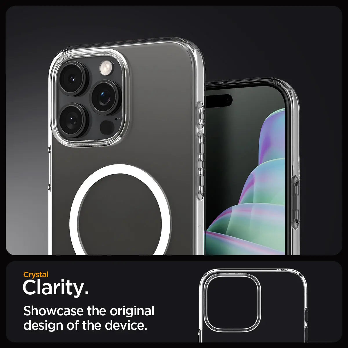 Przezroczyste etui na telefon z białym, okrągłym pierścieniem MagSafe. Telefon jest widoczny.