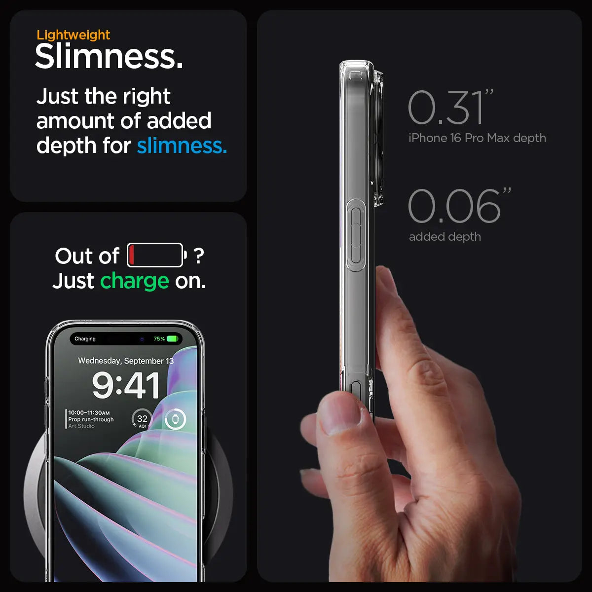 Etui na telefon i telefon pokazujące cechy etui. Etui jest przezroczyste, ekran telefonu świeci.