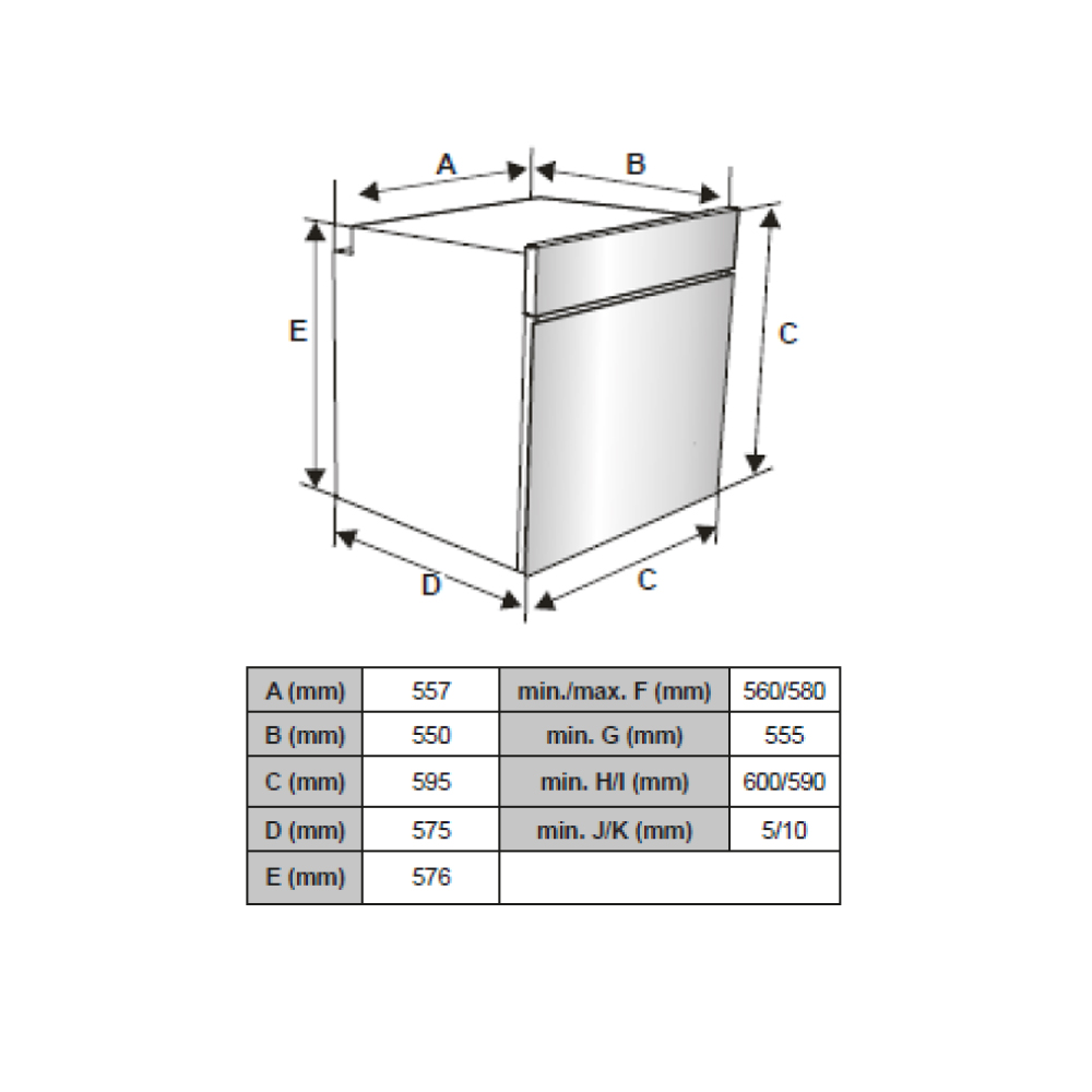 Un diagrama que muestra las dimensiones de un electrodoméstico de cocina, etiquetado con las letras A a E y las medidas.
