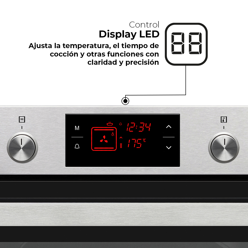 Panel de control del horno con pantalla LED que muestra la configuración: temperatura a 175°C, hora 12:34 e iconos.
