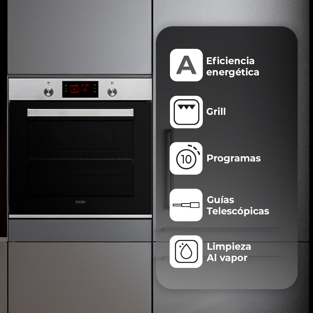 Un horno con iconos de características como eficiencia energética, grill, programas, guías telescópicas y limpieza a vapor.