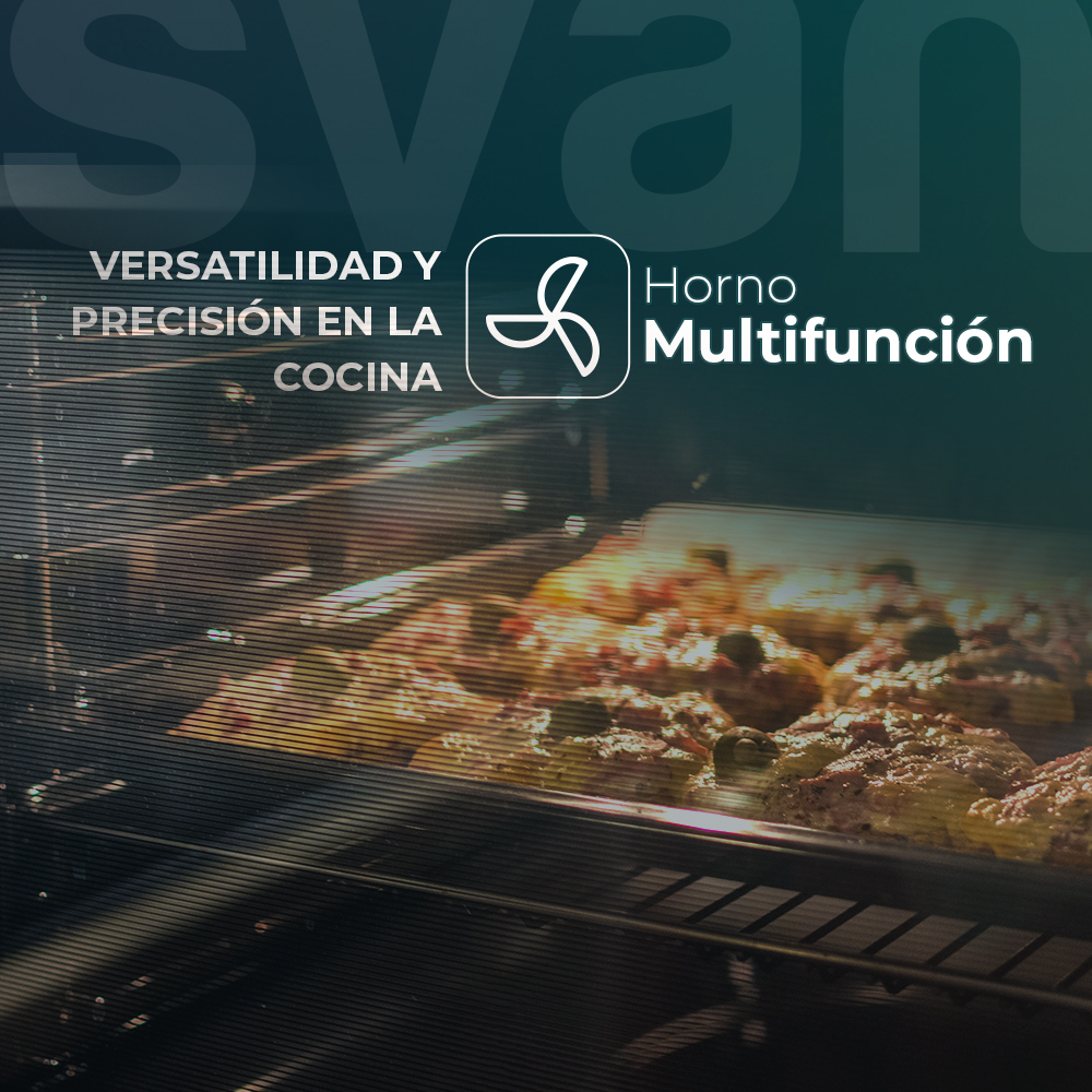 Interior del horno con comida. Texto: Versatilidad y precisión en la cocina. Icono: Horno multifunción.