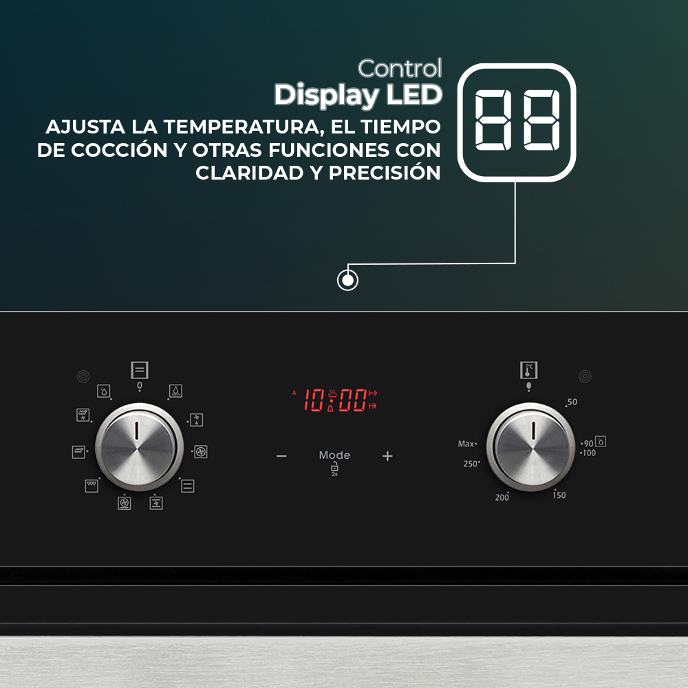 Panel de control del horno con perillas y pantalla digital que muestra la hora. Texto: Ajustar temperatura, tiempo de cocción y otras funciones.