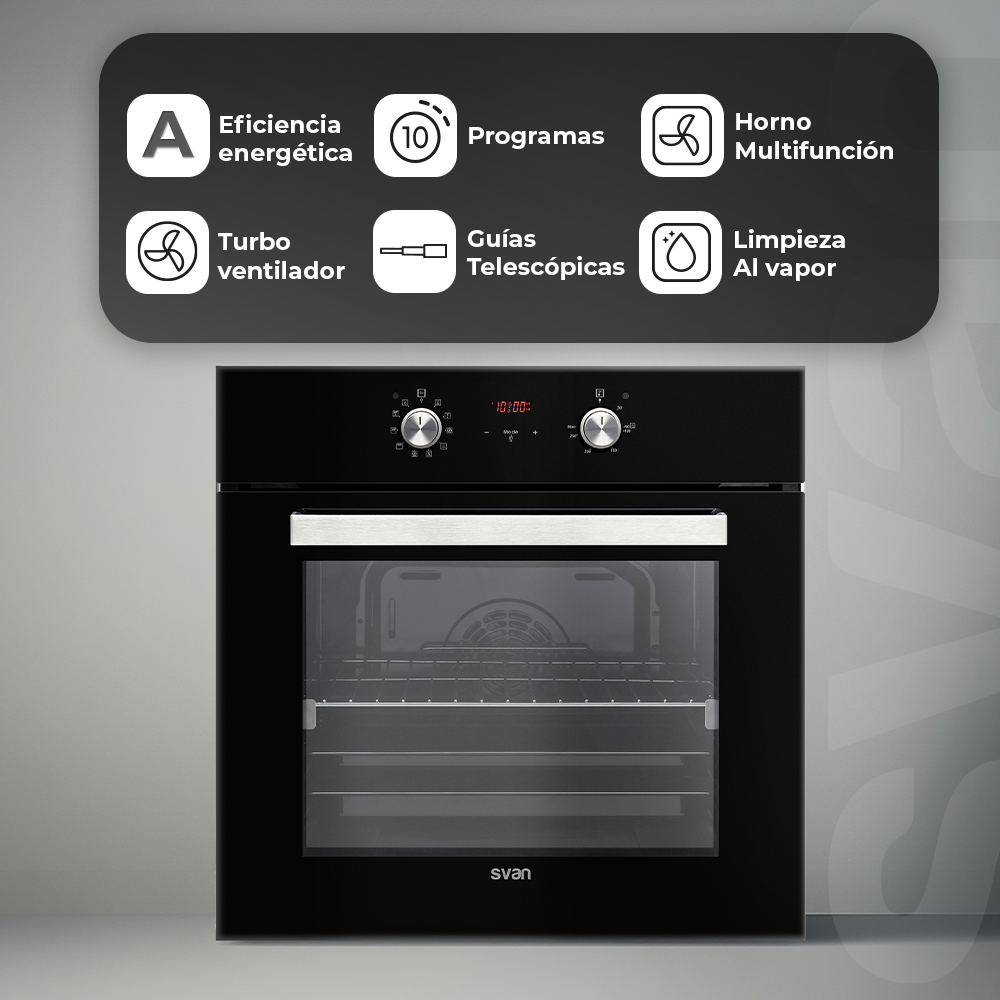 Horno negro con iconos de eficiencia energética, programas, horno multifunción, turbo ventilador, guías telescópicas y limpieza a vapor.