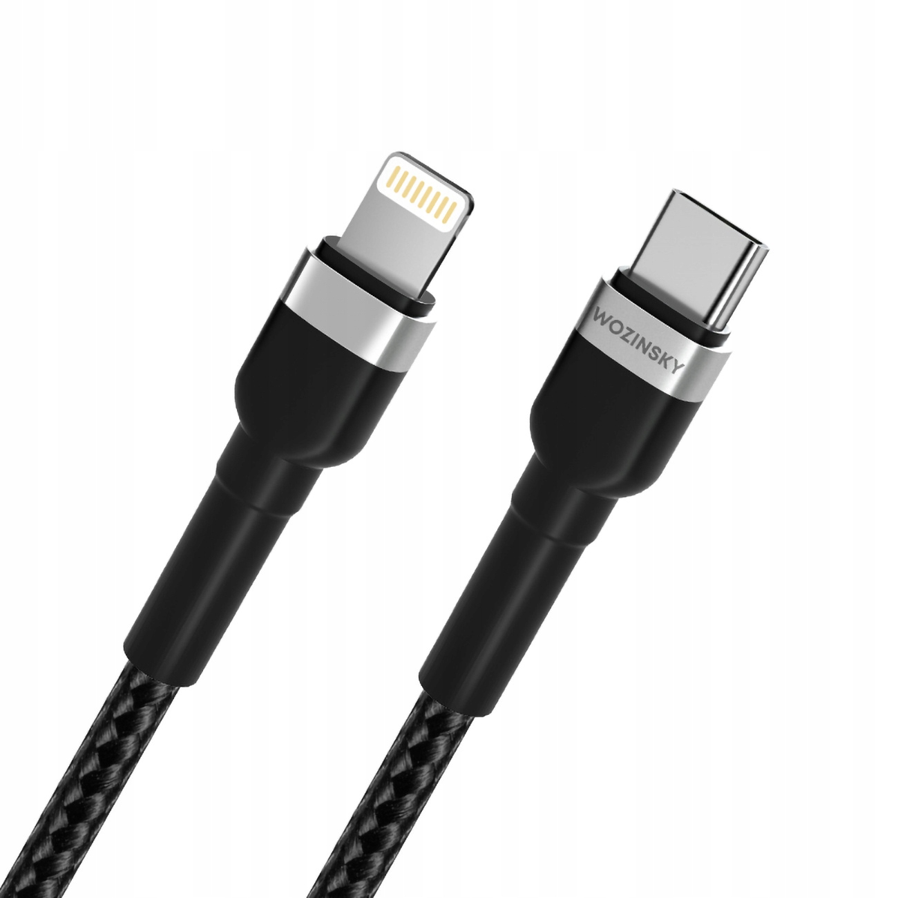 Czarny kabel USB-C do Lightning na białym tle, widok z boku złączy.