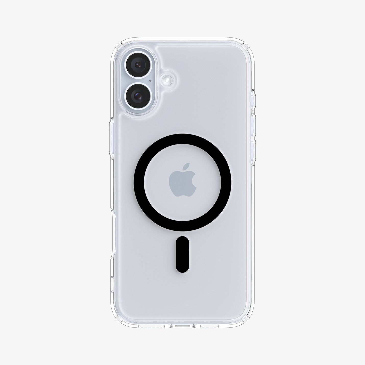 Przezroczyste etui na telefon z czarnym okręgiem i logo Apple z tyłu.