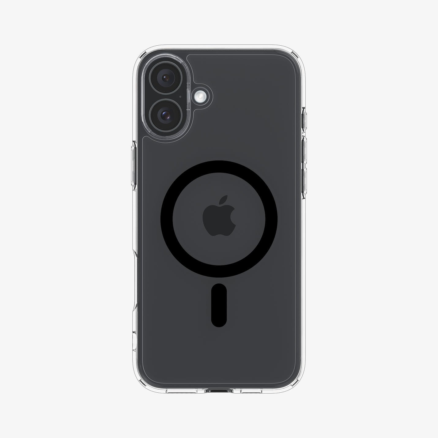 Przezroczyste etui na telefon z ciemnym logo Apple i pierścieniem MagSafe na białym tle.