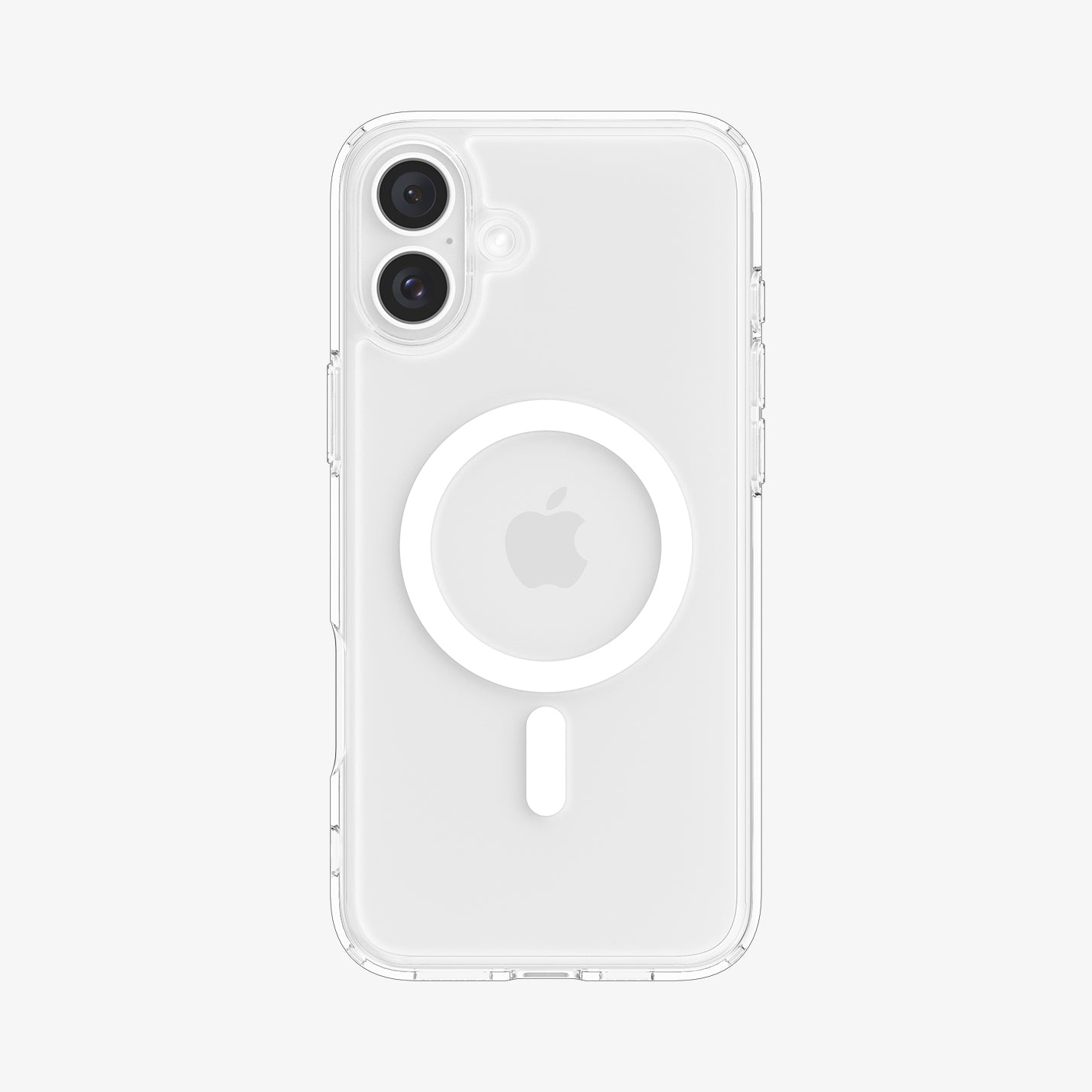 Custodia trasparente per telefono con logo Apple bianco e anello MagSafe su sfondo bianco.