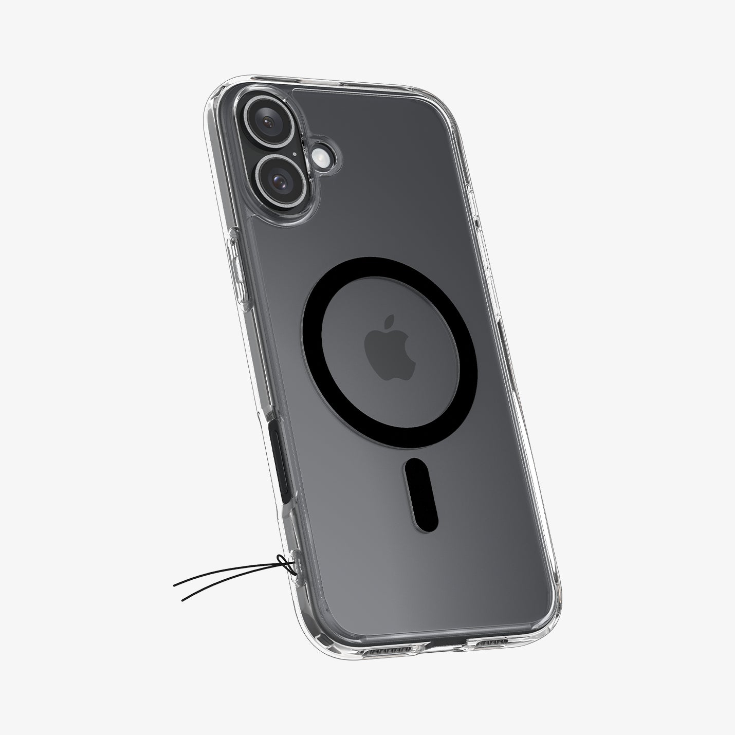 Przezroczyste etui na telefon z czarnym okręgiem i logo Apple, z małym czarnym sznurkiem.