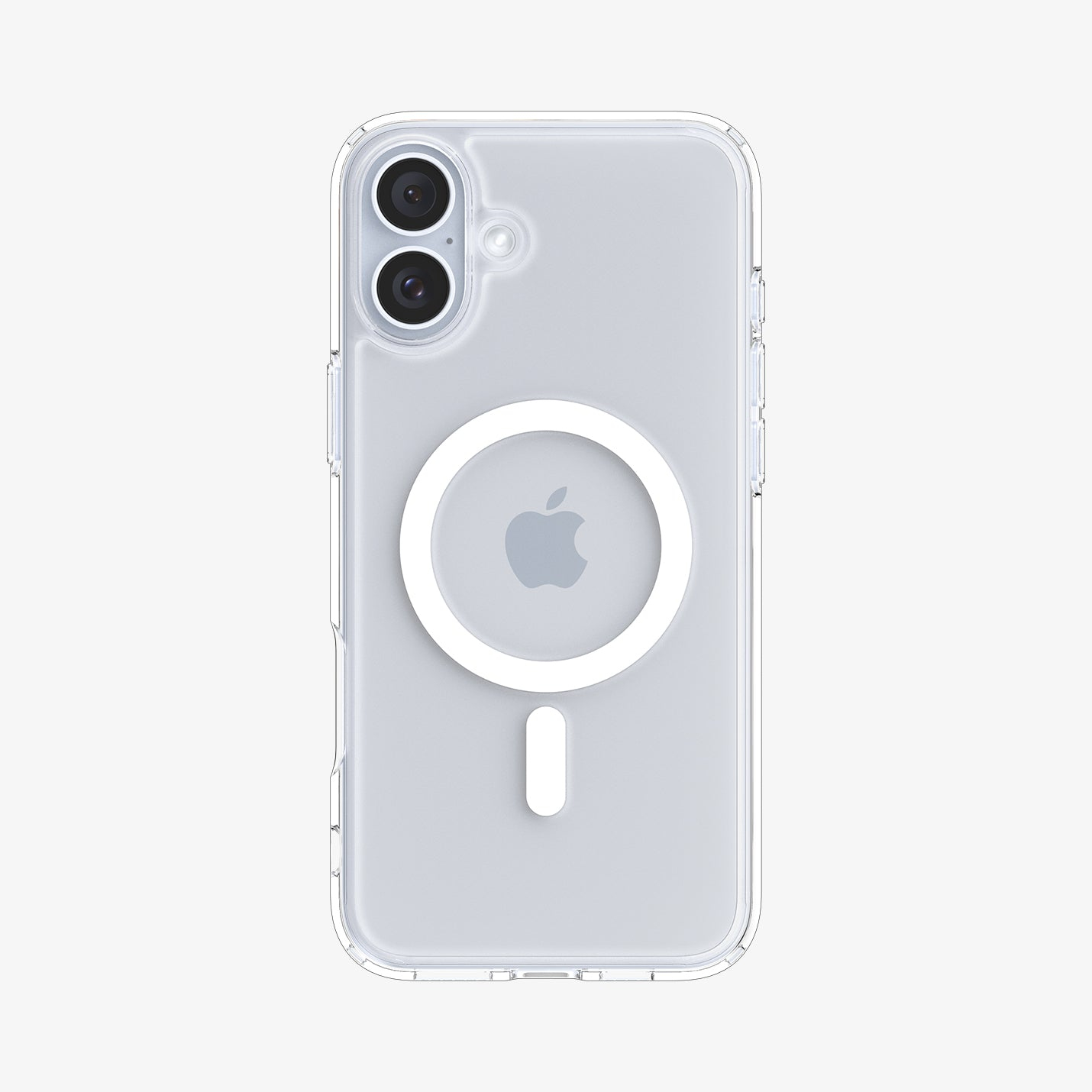 Custodia trasparente per iPhone con anello MagSafe su sfondo bianco, mostra la fotocamera e il logo Apple.