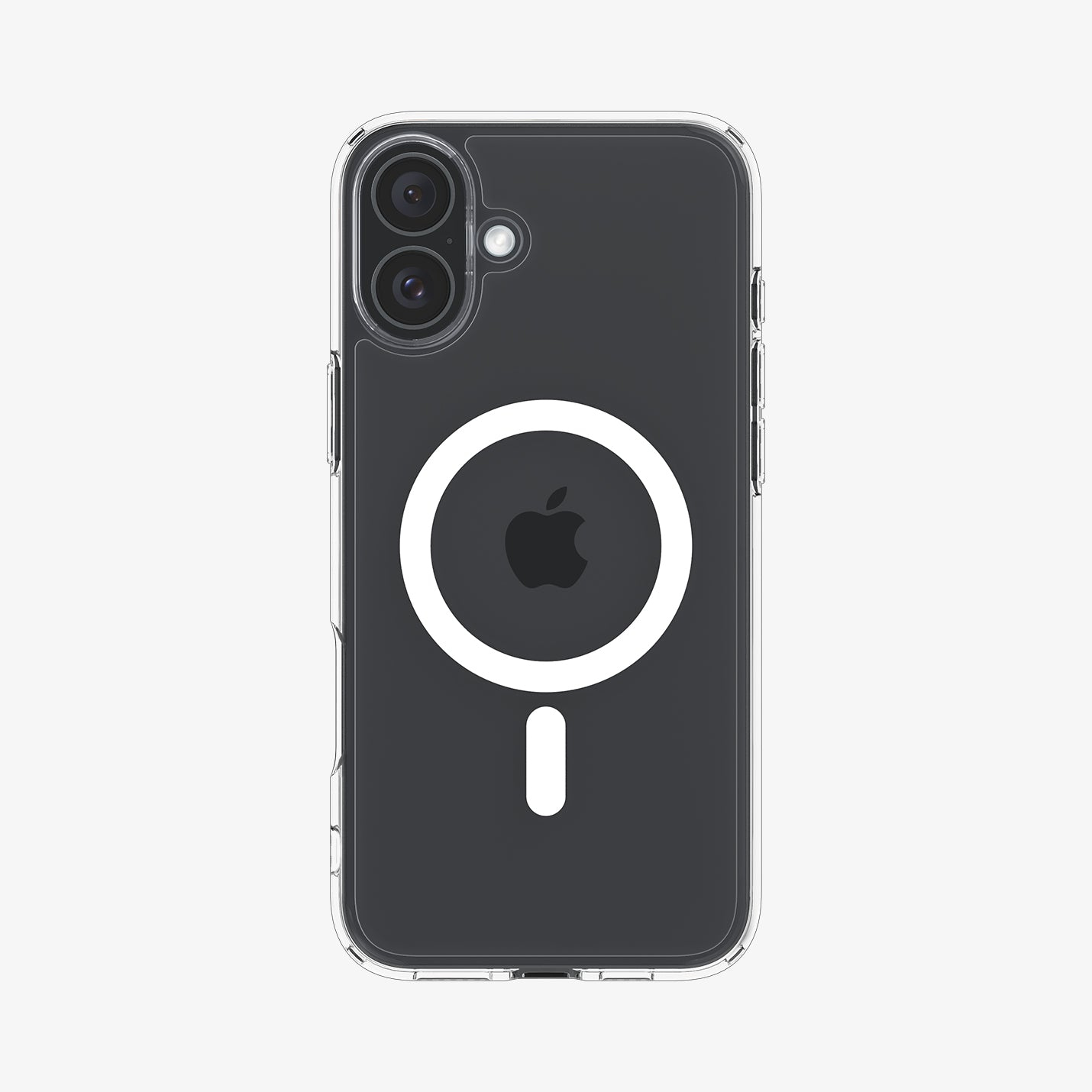 Custodia trasparente per telefono con anello MagSafe bianco e logo Apple scuro su sfondo bianco.
