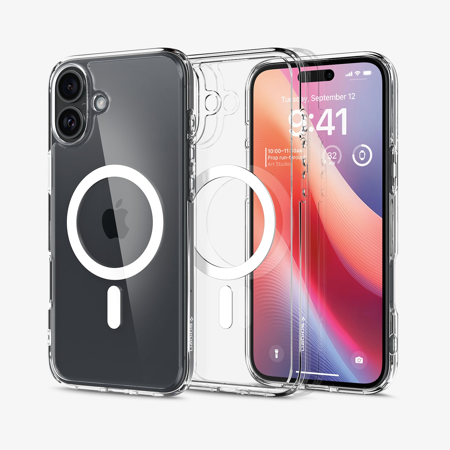 Custodie trasparenti per telefono che mostrano il logo Apple e lo schermo del telefono che indica le 9:41 su uno sfondo bianco.